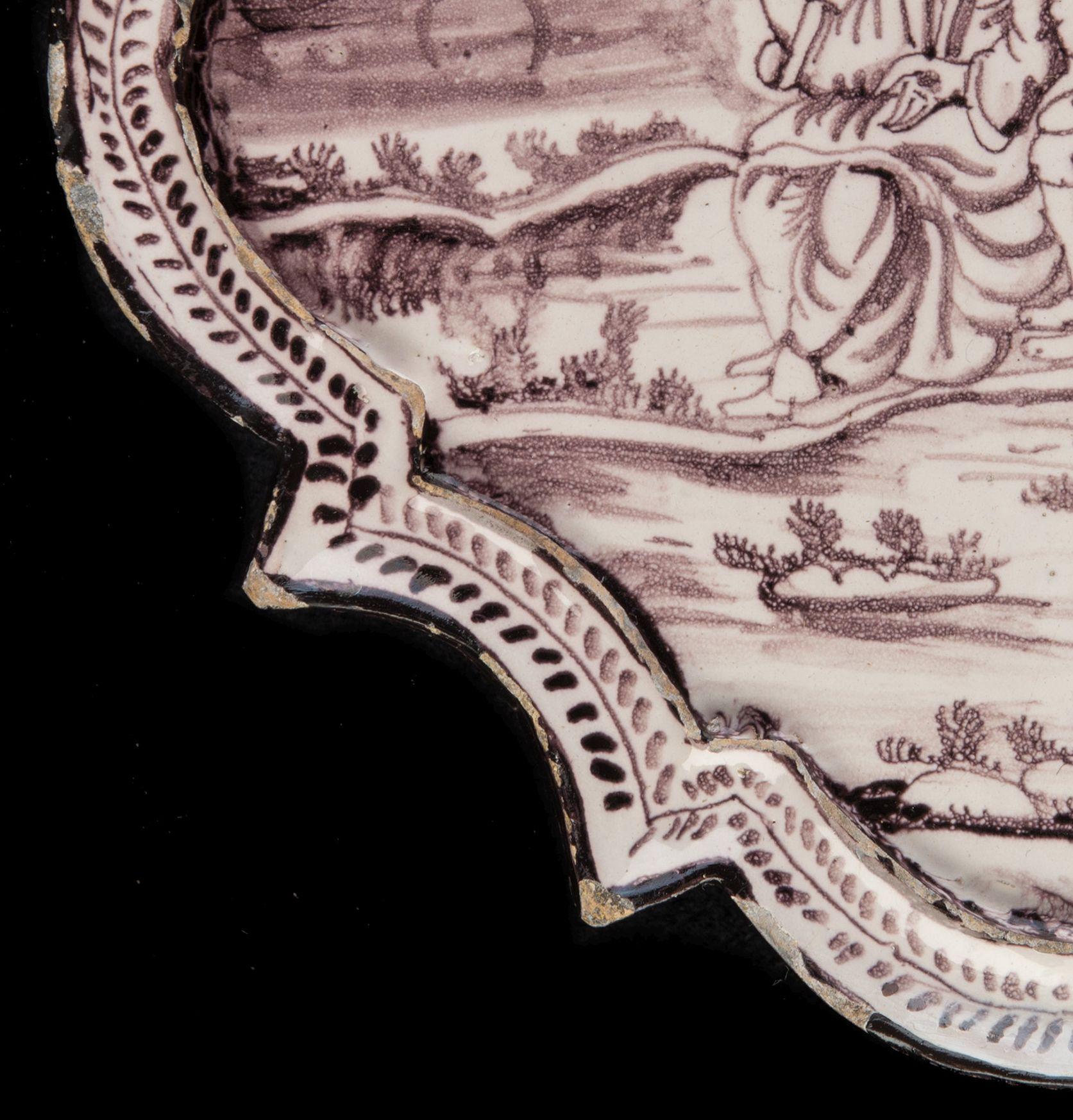 Delft Purple and white plaque with figures in a landscape Utrecht 1760 In Good Condition For Sale In ROSSUM, GE