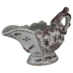 Antique Delft Purple and white sauceboat with flowers,  circa 1760