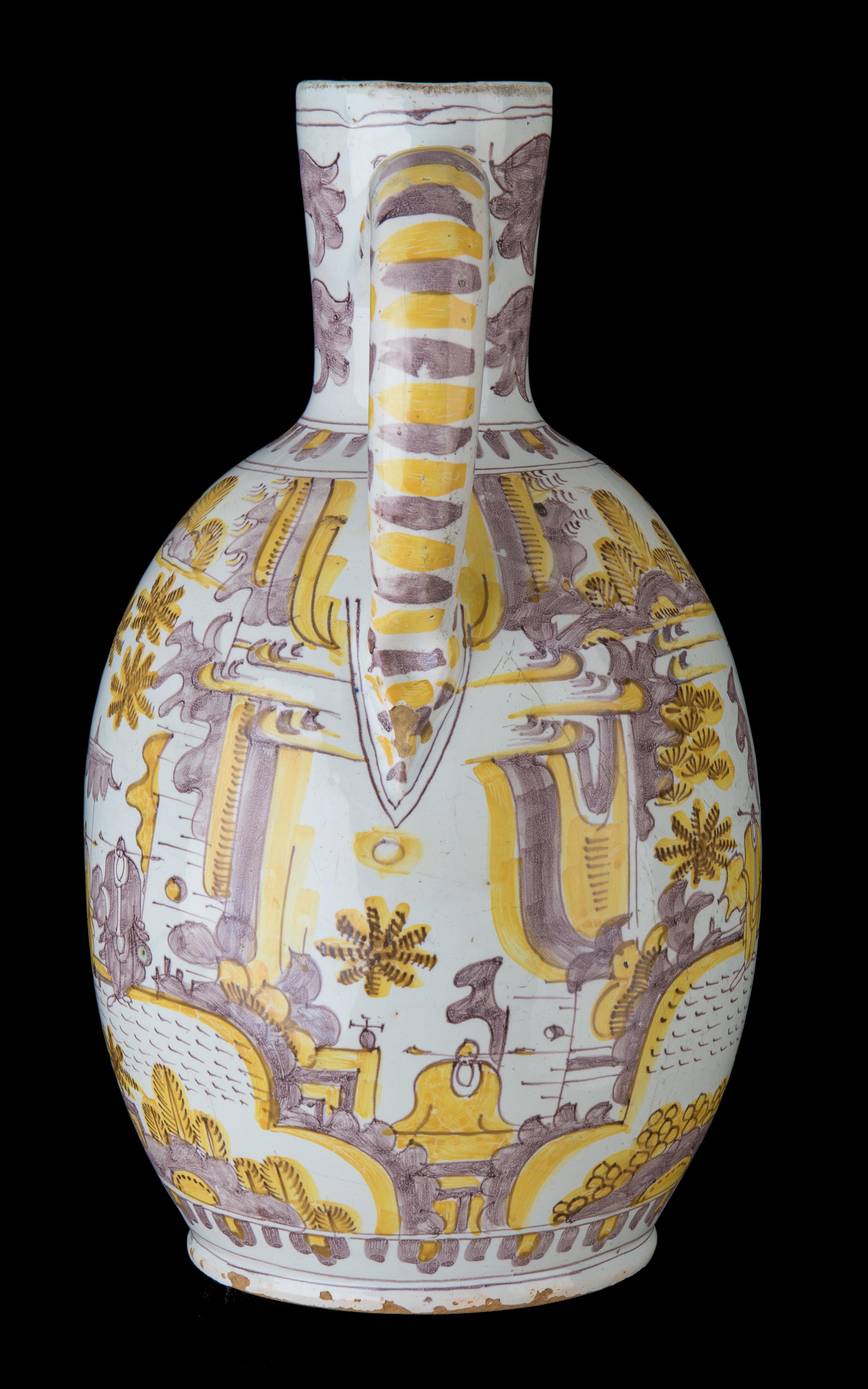 Baroque Delft, Purple and Yellow Chinoiserie Jug, circa 1680-1700 For Sale