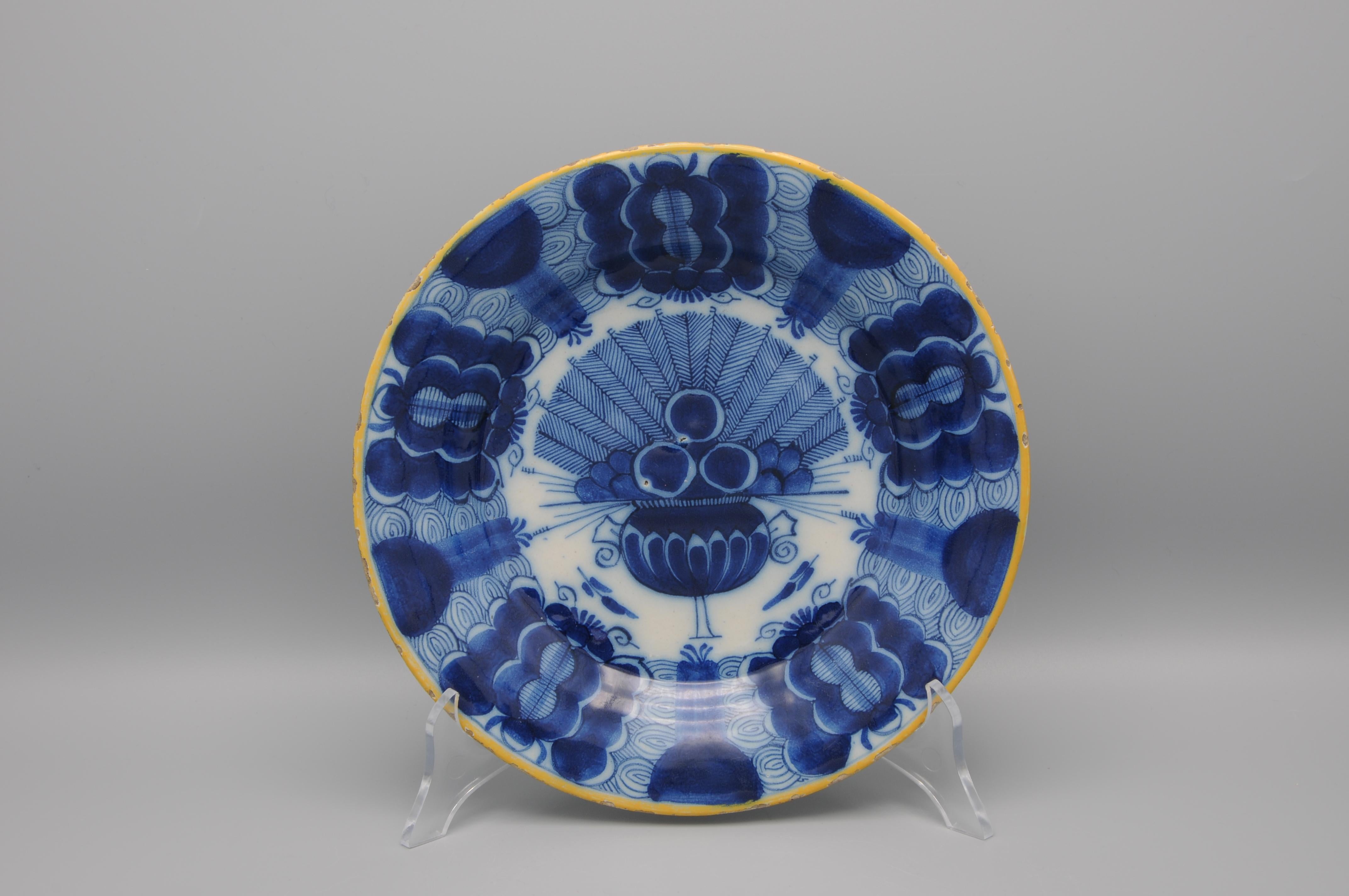 Glazed Delft set of 3 'Peacock' plates by 'De Blompot' - second half 18th century For Sale