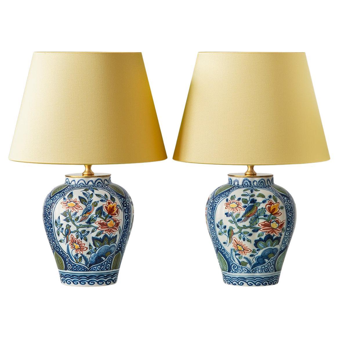 Lámparas de mesa Delft de Tichelaar Makkum (1940-1960) con pantallas nuevas, pintadas a mano