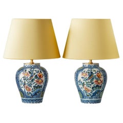 Lampes de table Delft par Tichelaar Makkum (1940-1960) avec nouveaux abat-jour, peintes à la main