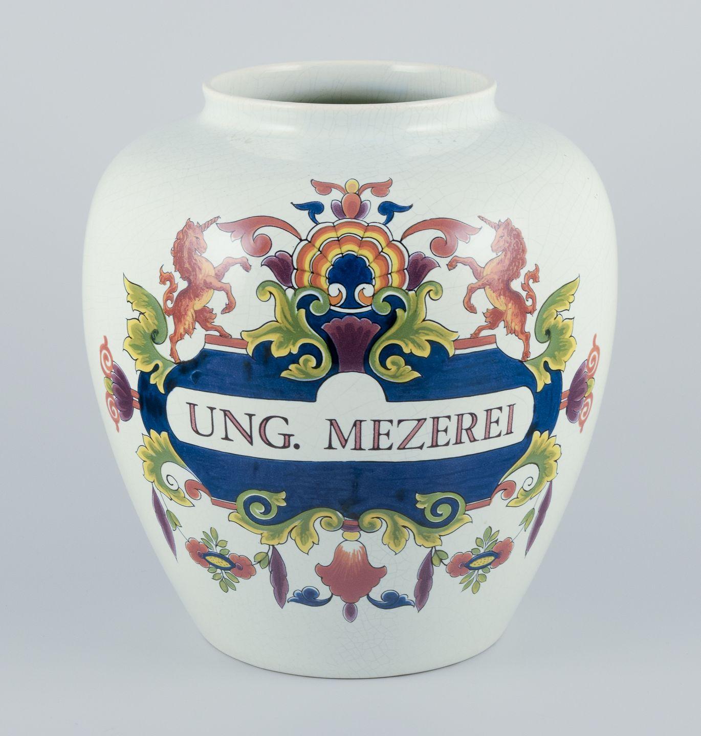 Pre-owned goods are exempt from import duties for U.S. customers. 
Therefore, no import tariffs will be applicable to your purchase.

Delft, The Netherlands. Large apothecary jar in earthenware.
Hand decorated. Unicorns.
Latin text ‘UNG.