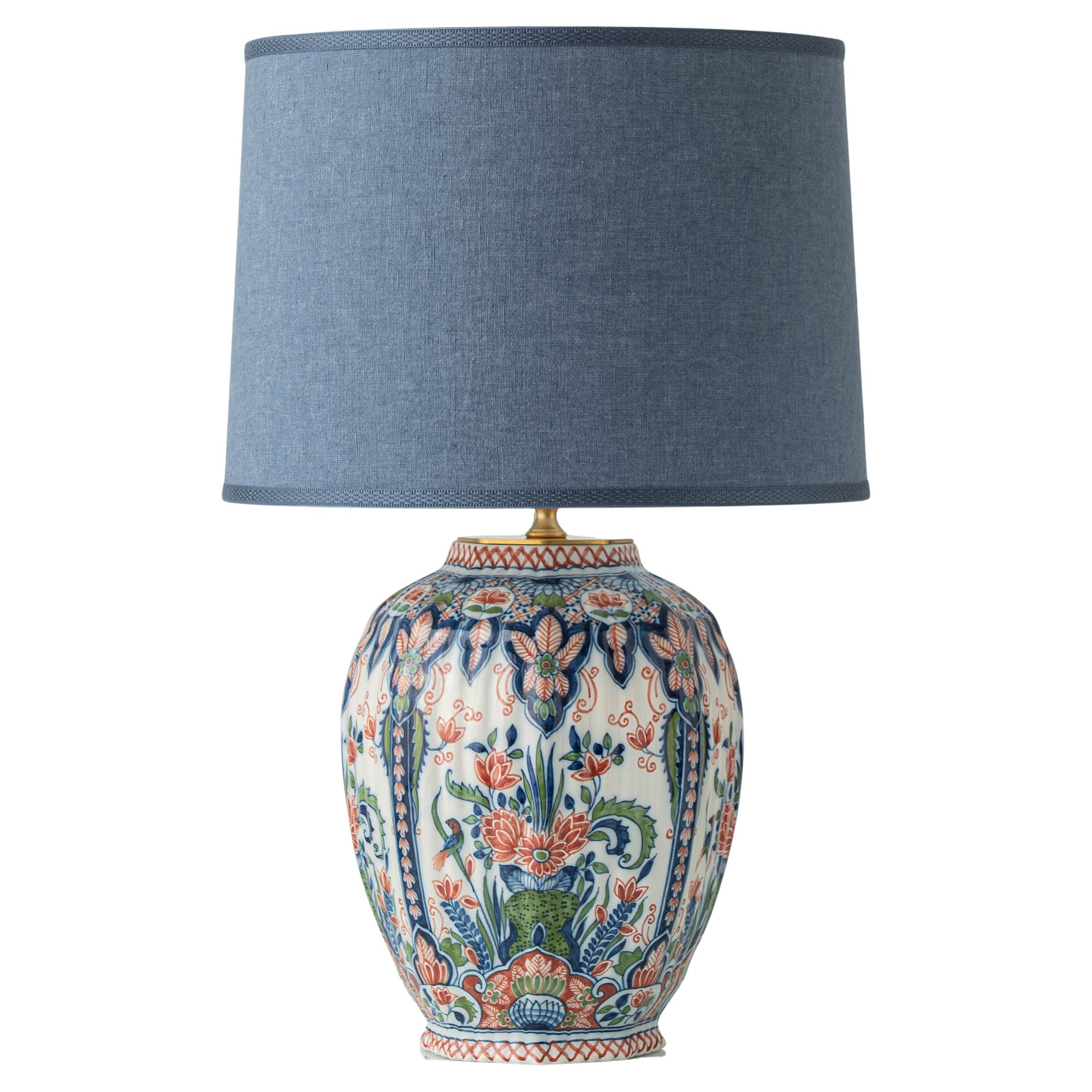 Delft Tichelaar Makkum Hand-Painted Ceramic Table Lamp, New Blue Linen Lampshade