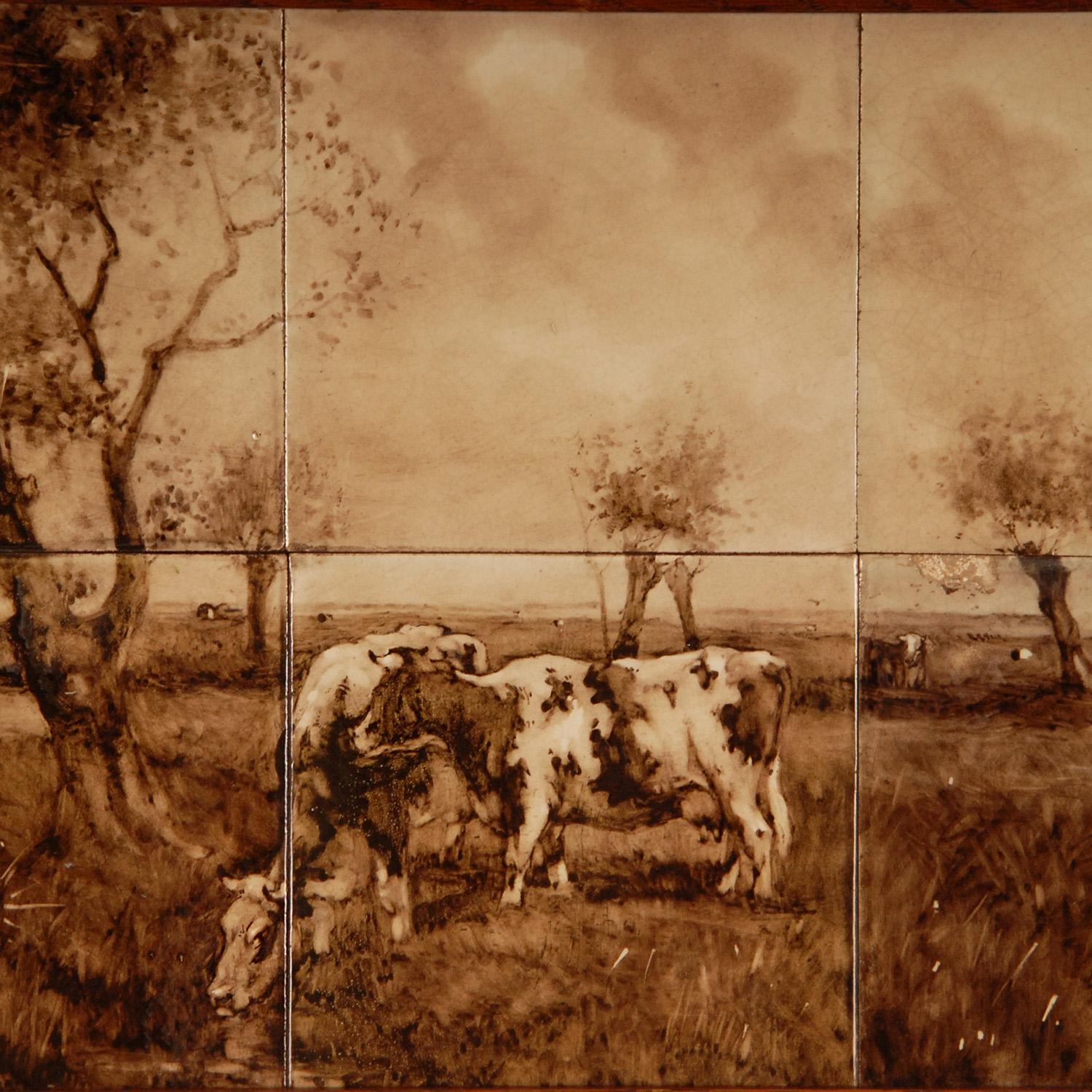 Hand-Crafted Delft Tile Panel Framed painting Tiles Delft Panel Landscape with cows Antique For Sale