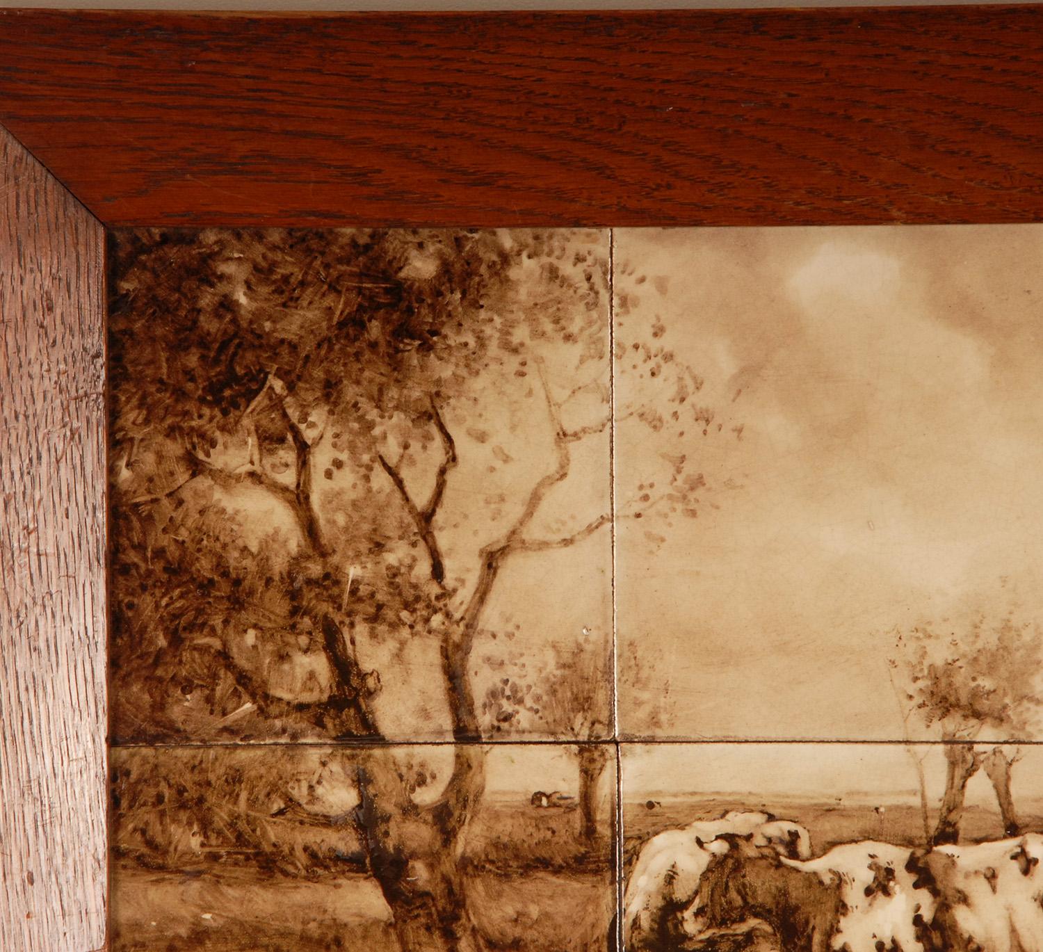 19th Century Delft Tile Panel Framed painting Tiles Delft Panel Landscape with cows Antique For Sale
