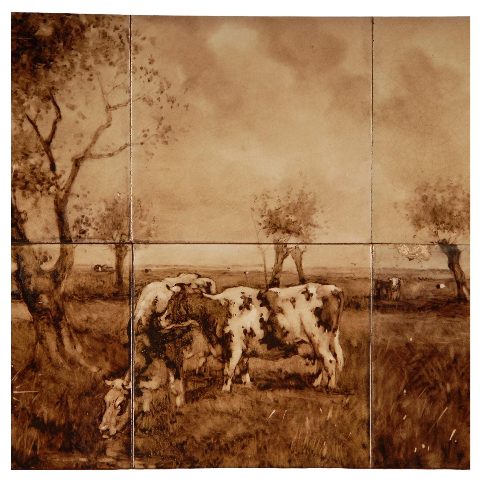 Delft Tile Panel Framed painting Tiles Delft Panel Landscape with cows Antique For Sale