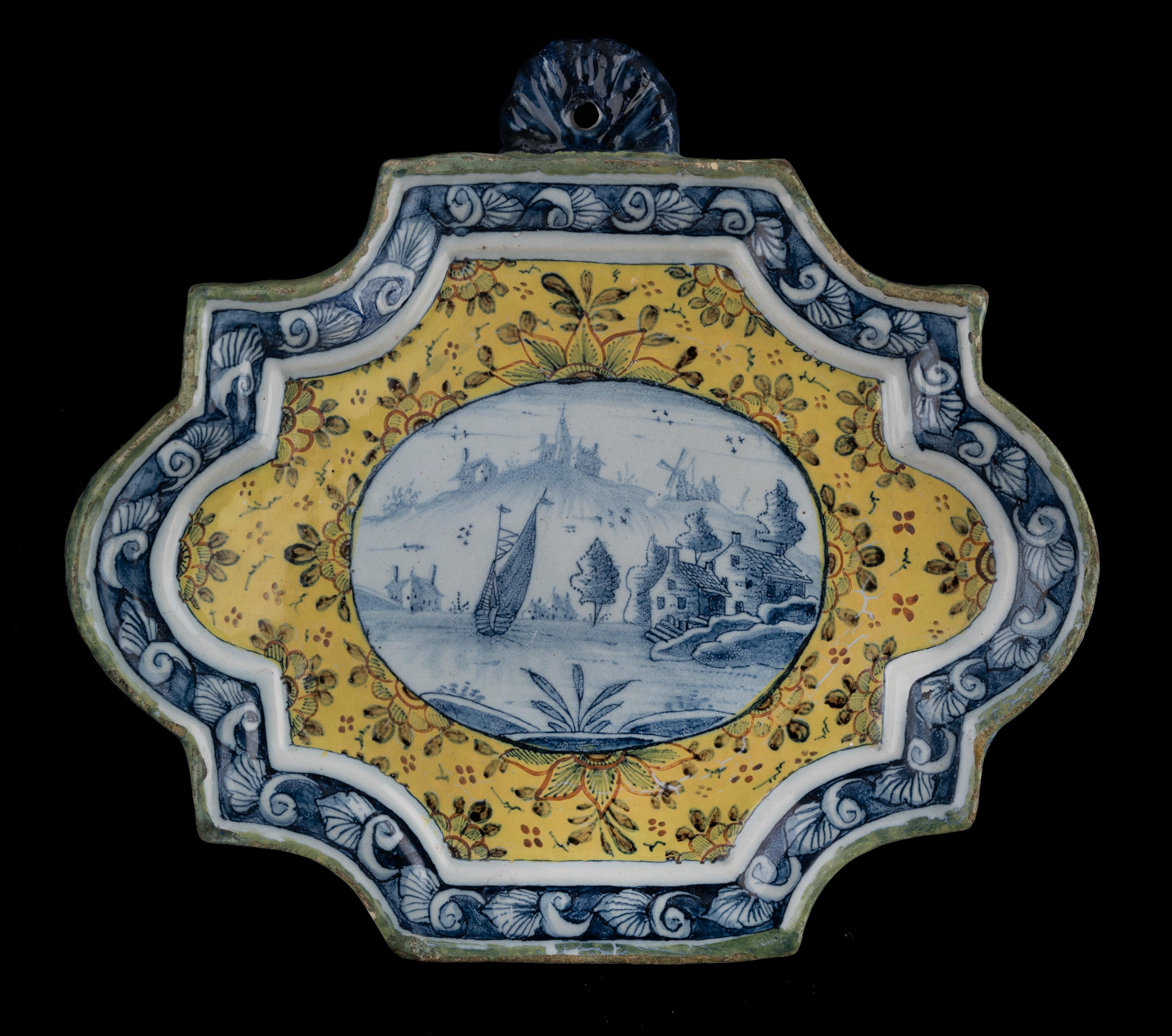 Baroque Delft Two polychrome plaques with landscapes  1750-1770  For Sale
