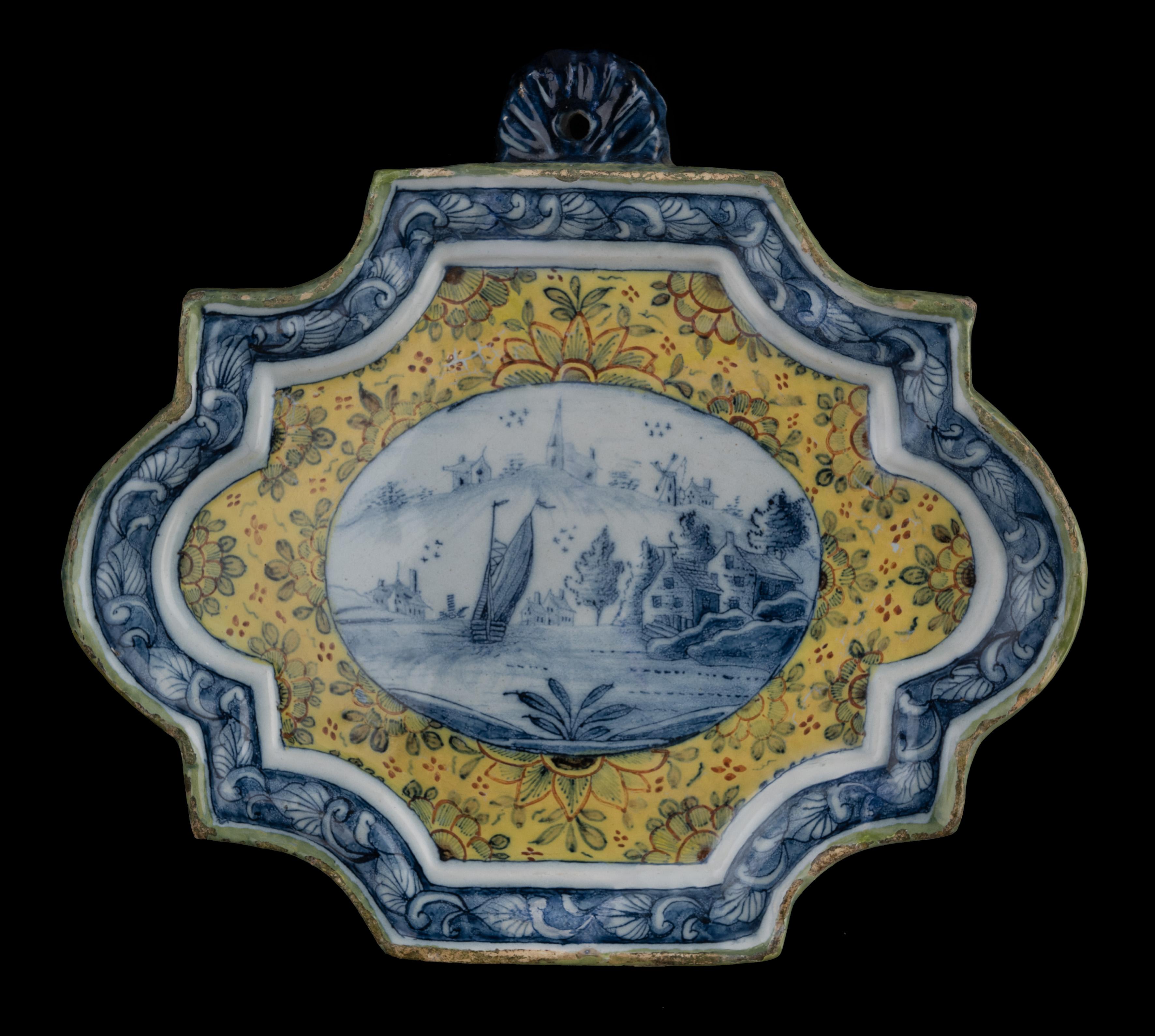 Delft Two polychrome plaques with landscapes  1750-1770  For Sale 1