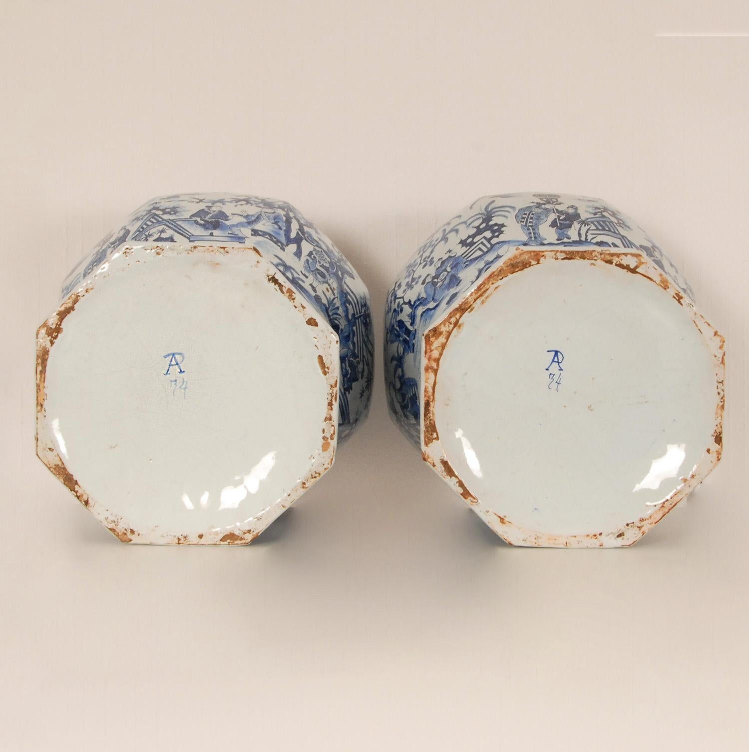 Delft Vases 17th century Style Earthenware Blue White Tall Baluster Vases a pair 4