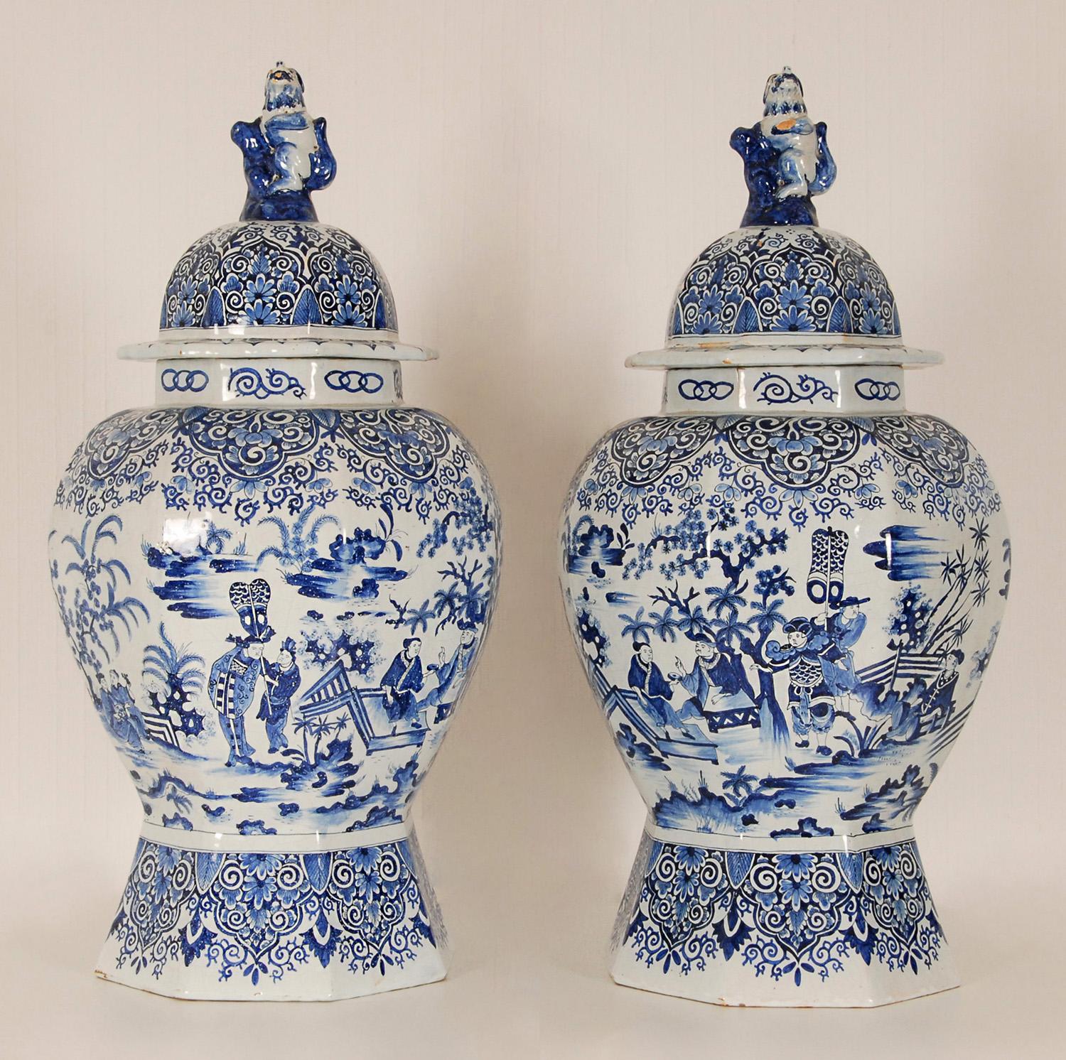 A pair tall antique Dutch Delft baluster vases with foo dog finial
Hand made and painted in the 17th century Dutch Delft style
Material: Delft earthenware, tin glaze
Design: Chinoiserie in the manner of, Chinese Transition style, Chinese Kangxi