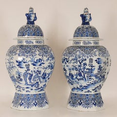 Delft Vases 17th century Style Earthenware Blue White Tall Baluster Vases a pair