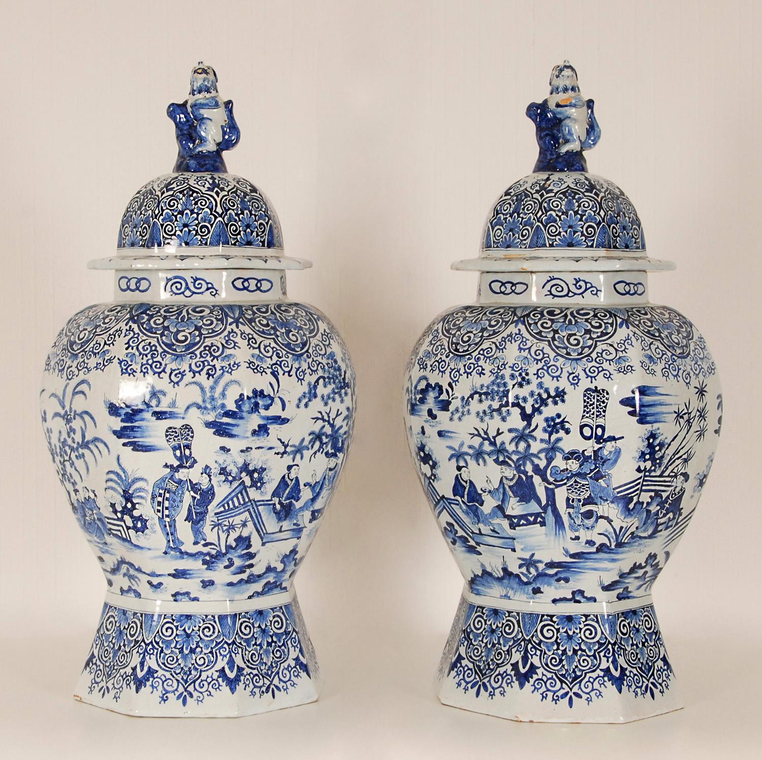 Baroque Revival Delft Vases 17th century Style Earthenware Blue White Tall Baluster Vases a pair