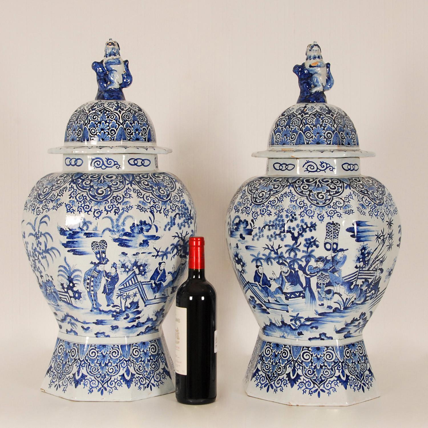 Dutch Delft Vases 17th century Style Earthenware Blue White Tall Baluster Vases a pair