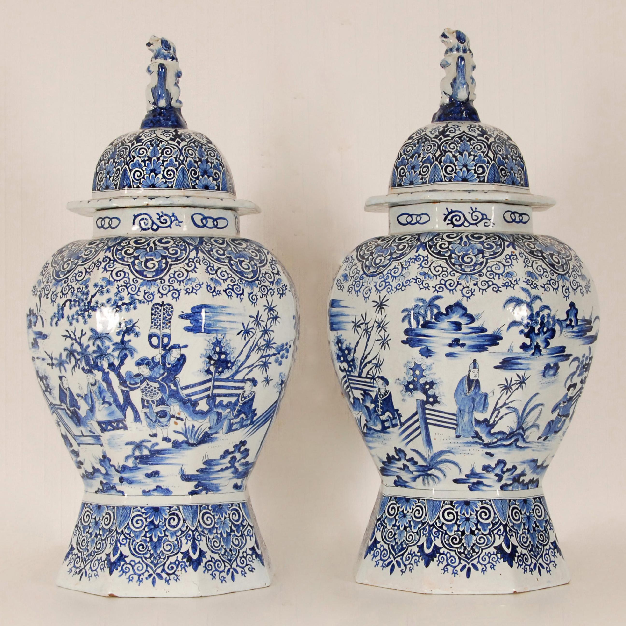 Hand-Crafted Delft Vases 17th century Style Earthenware Blue White Tall Baluster Vases a pair