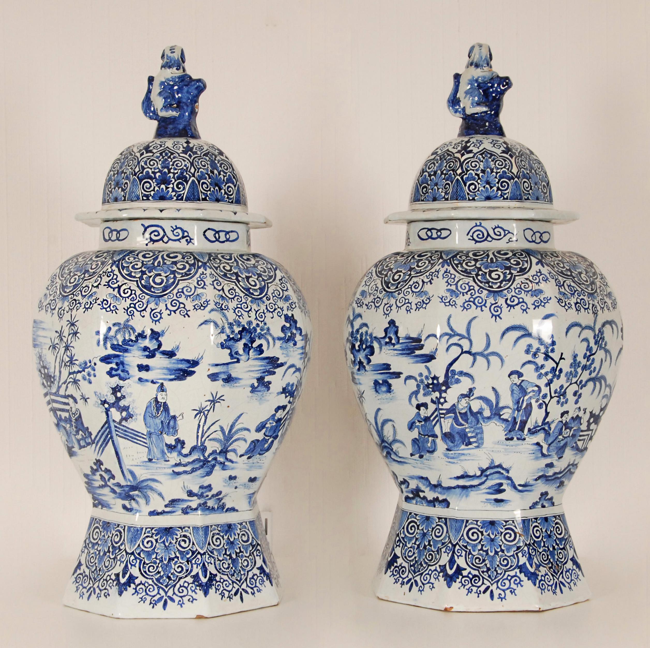 Delft Vases 17th century Style Earthenware Blue White Tall Baluster Vases a pair In Good Condition In Wommelgem, VAN
