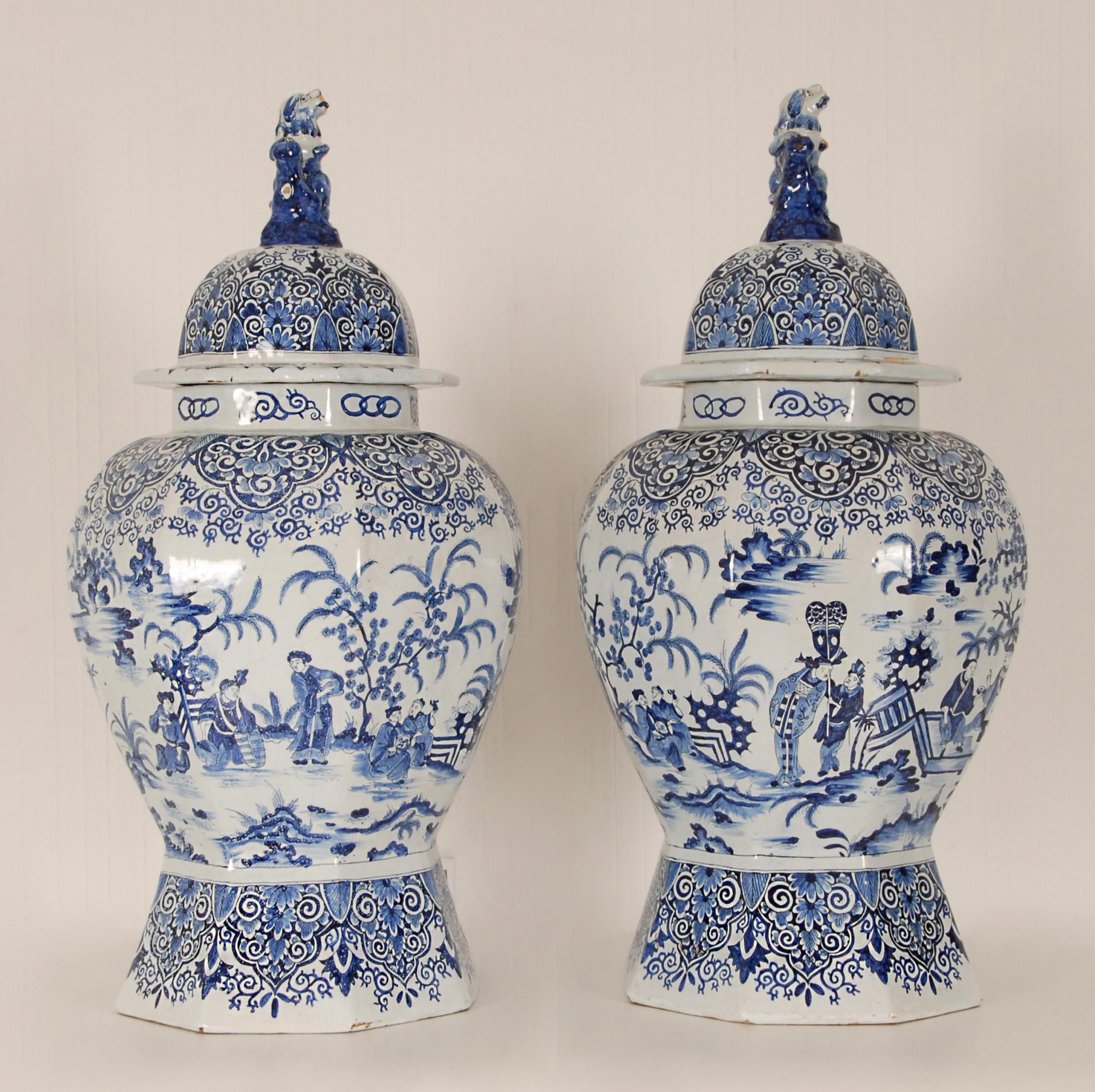 19th Century Delft Vases 17th century Style Earthenware Blue White Tall Baluster Vases a pair