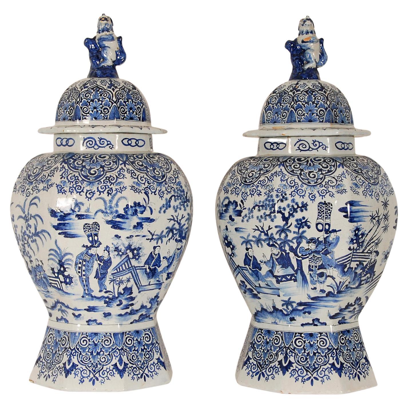 Delft Vases 17th century Style Earthenware Blue White Tall Baluster Vases a pair