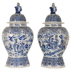 Delft Vases 17th century Style Earthenware Blue White Tall Baluster Vases a pair