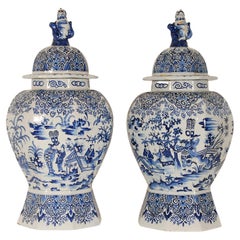 Antique Delft Vases 17th century Style Earthenware Blue White Tall Baluster Vases a pair