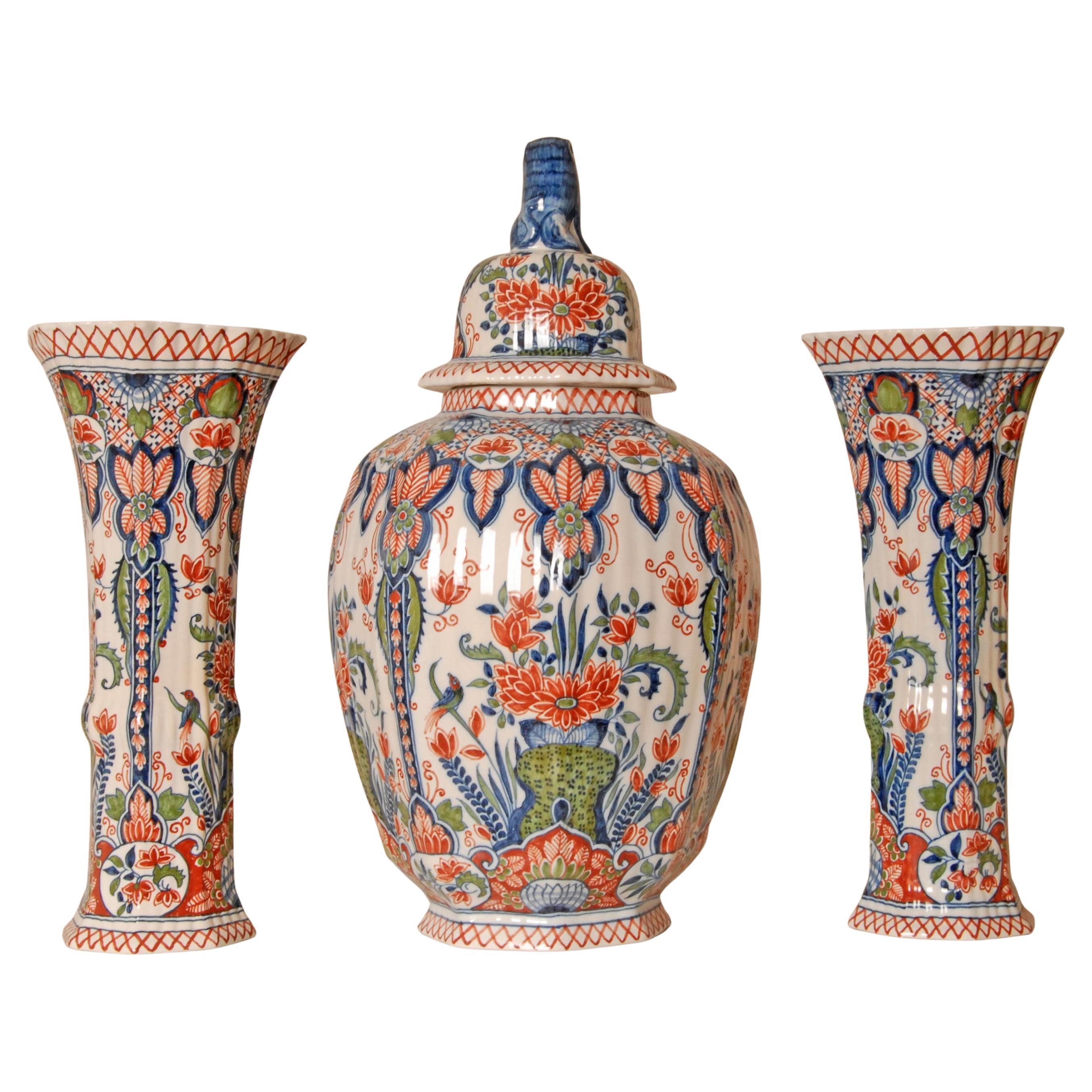 Vases de Delft Polychrome Delftware Vintage Chinoiserie Garniture de Vases Set 3