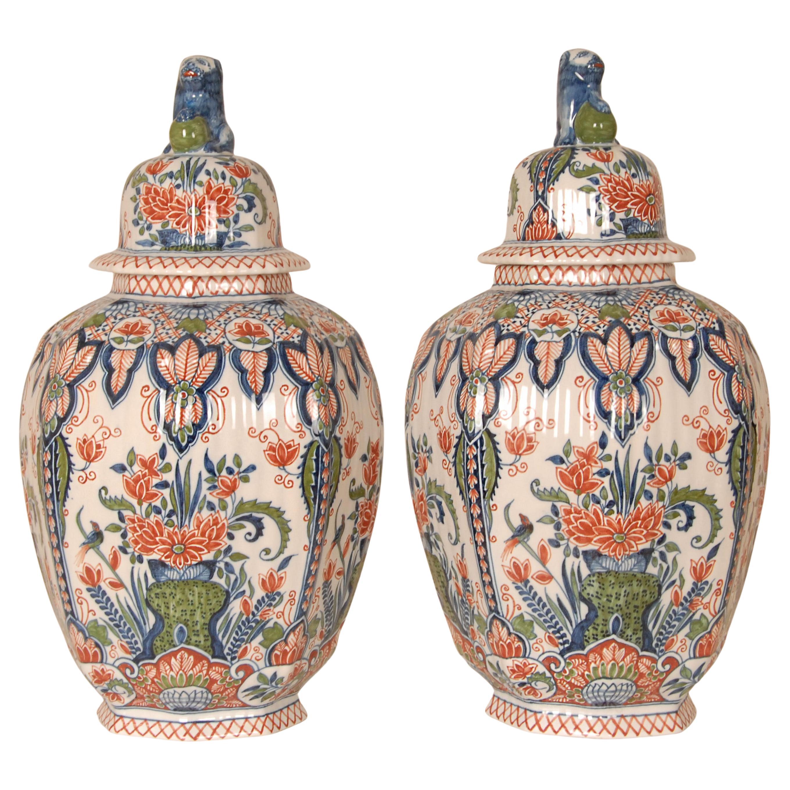 Delft Vases Tall Covered Jars Tinglazed Pottery Polychrome Chinoiserie a pair