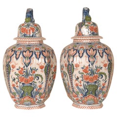Delft Vases Tall Covered Jars Tinglazed Pottery Polychrome Chinoiserie a pair