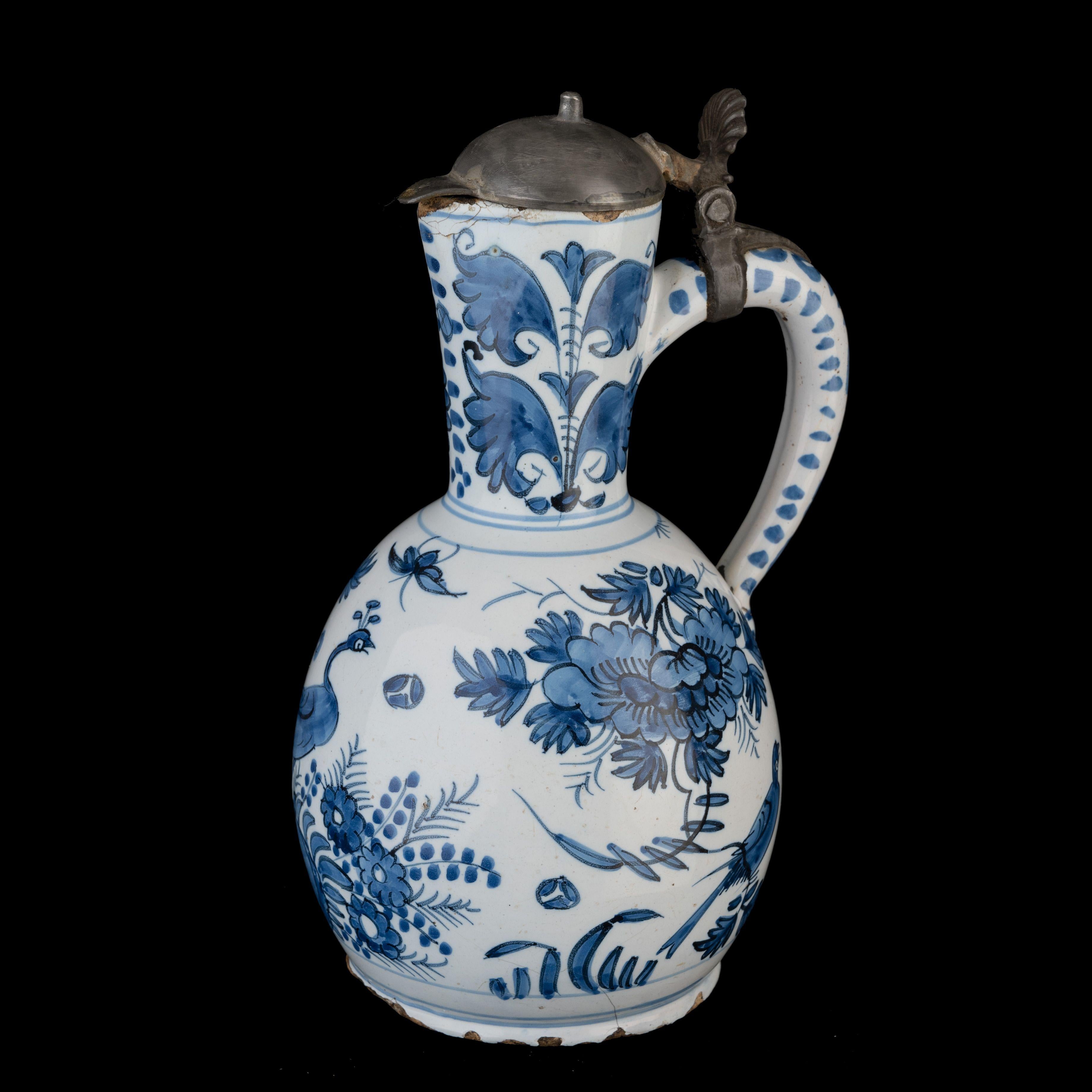 Baroque Delft, Wine jar with peacock and birds 1690-1700 For Sale