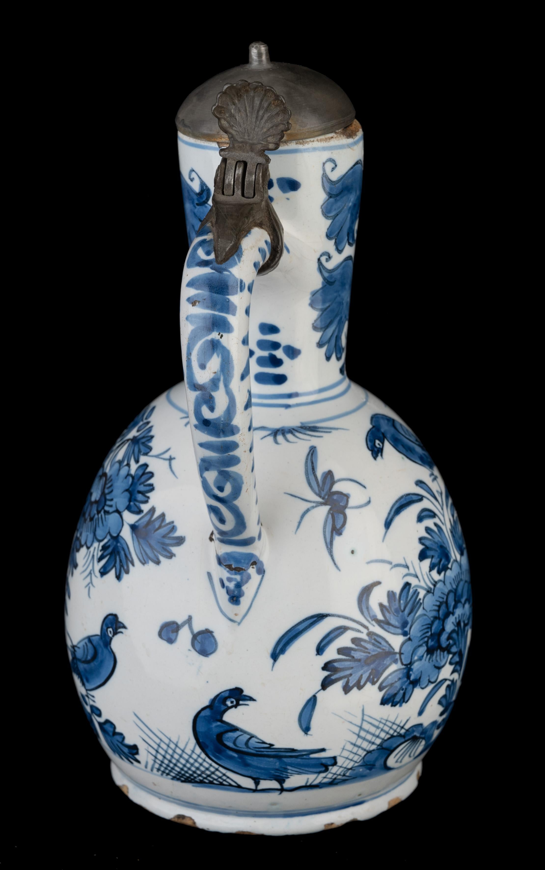 Glazed Delft, Wine jar with peacock and birds 1690-1700 For Sale