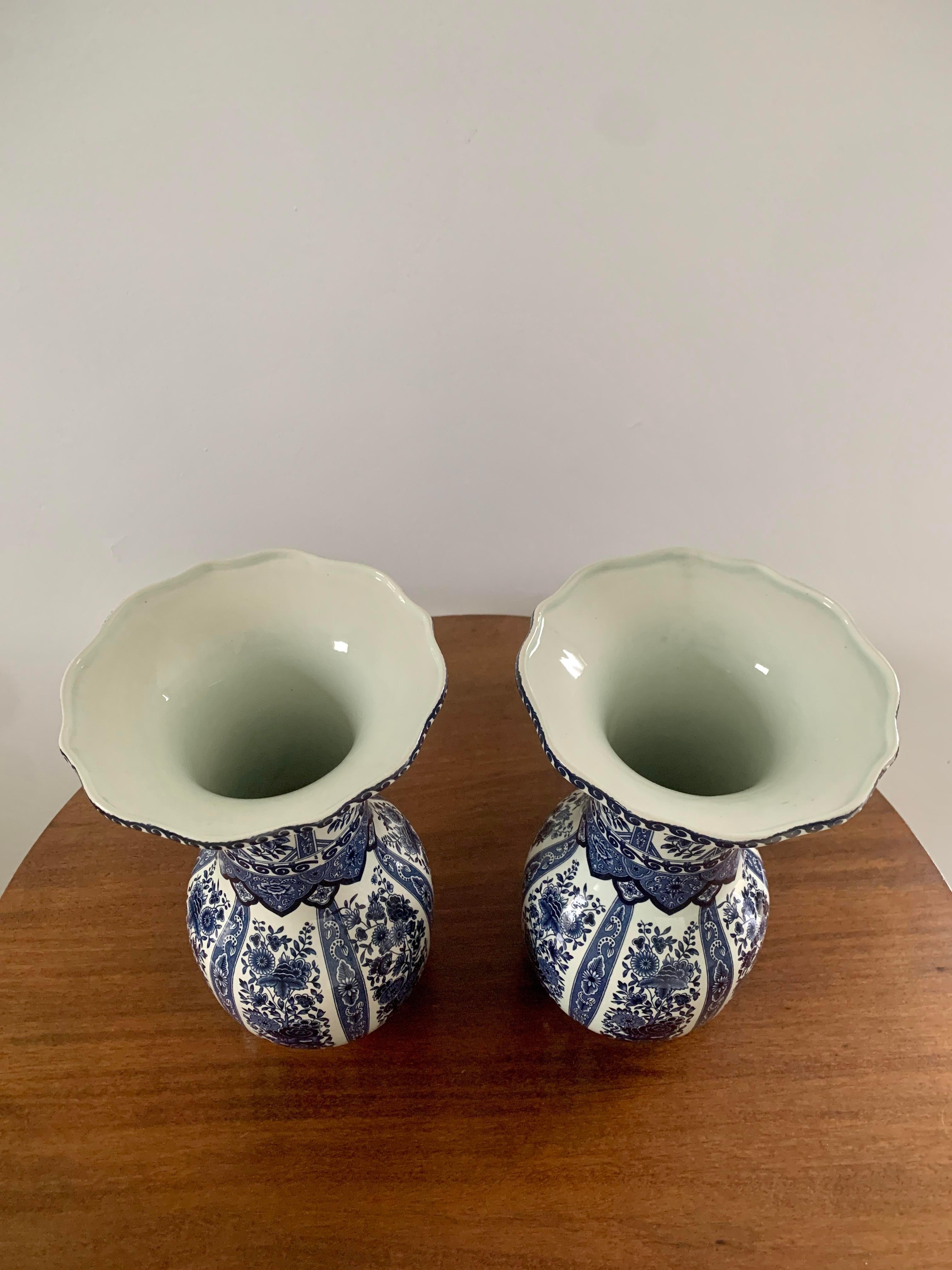 Chinoiserie Delfts Royal Sphinx by Boch Blue and White Vases, Pair