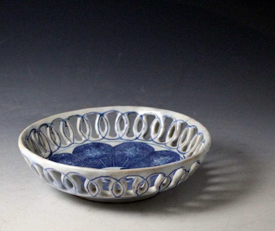 English Delftware Bowl with Pierced Sides Probably, London England, 18th Century For Sale