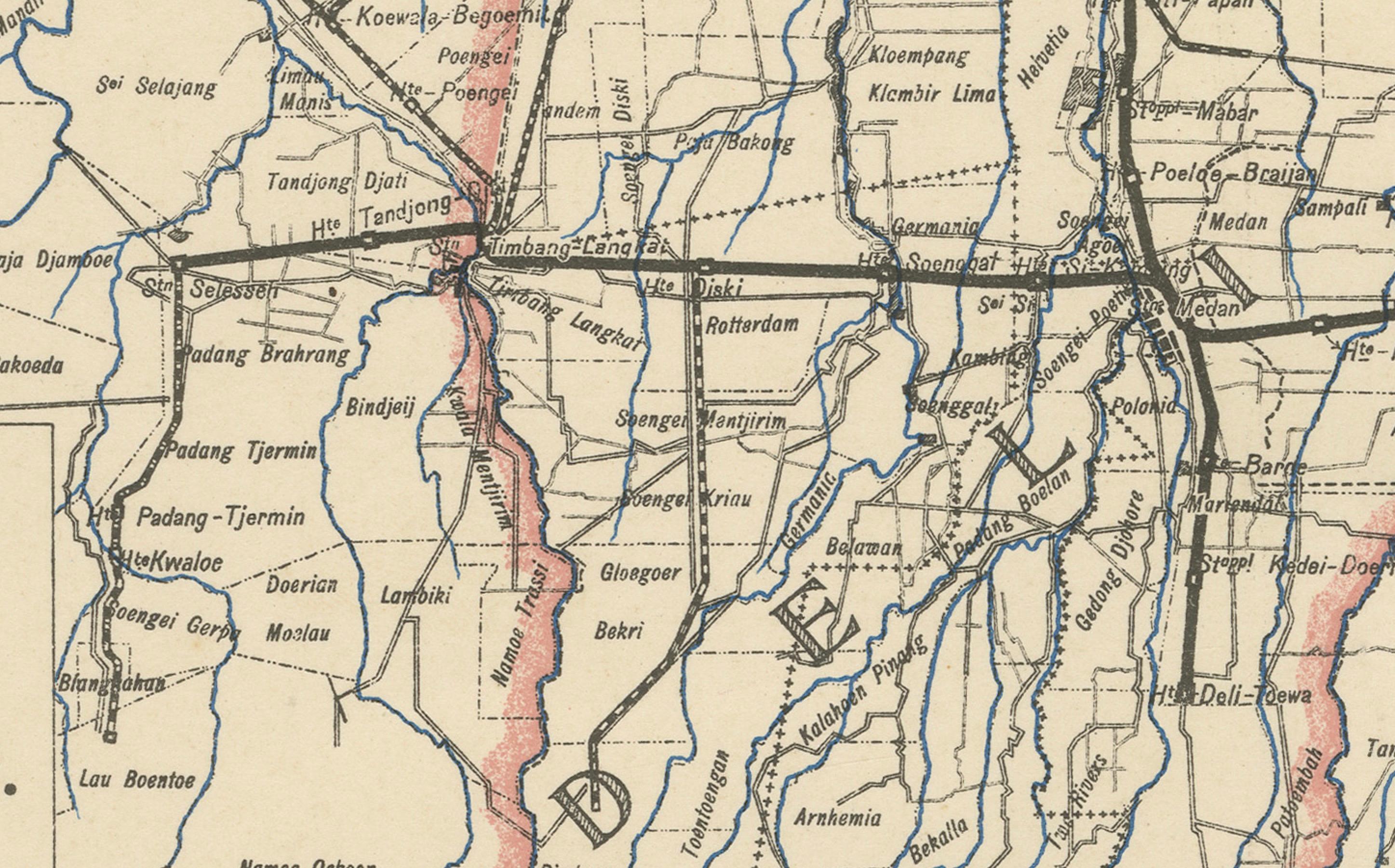Deli Railway System Map, East Sumatra — Deli Spoorweg Maatschappij, c.1910