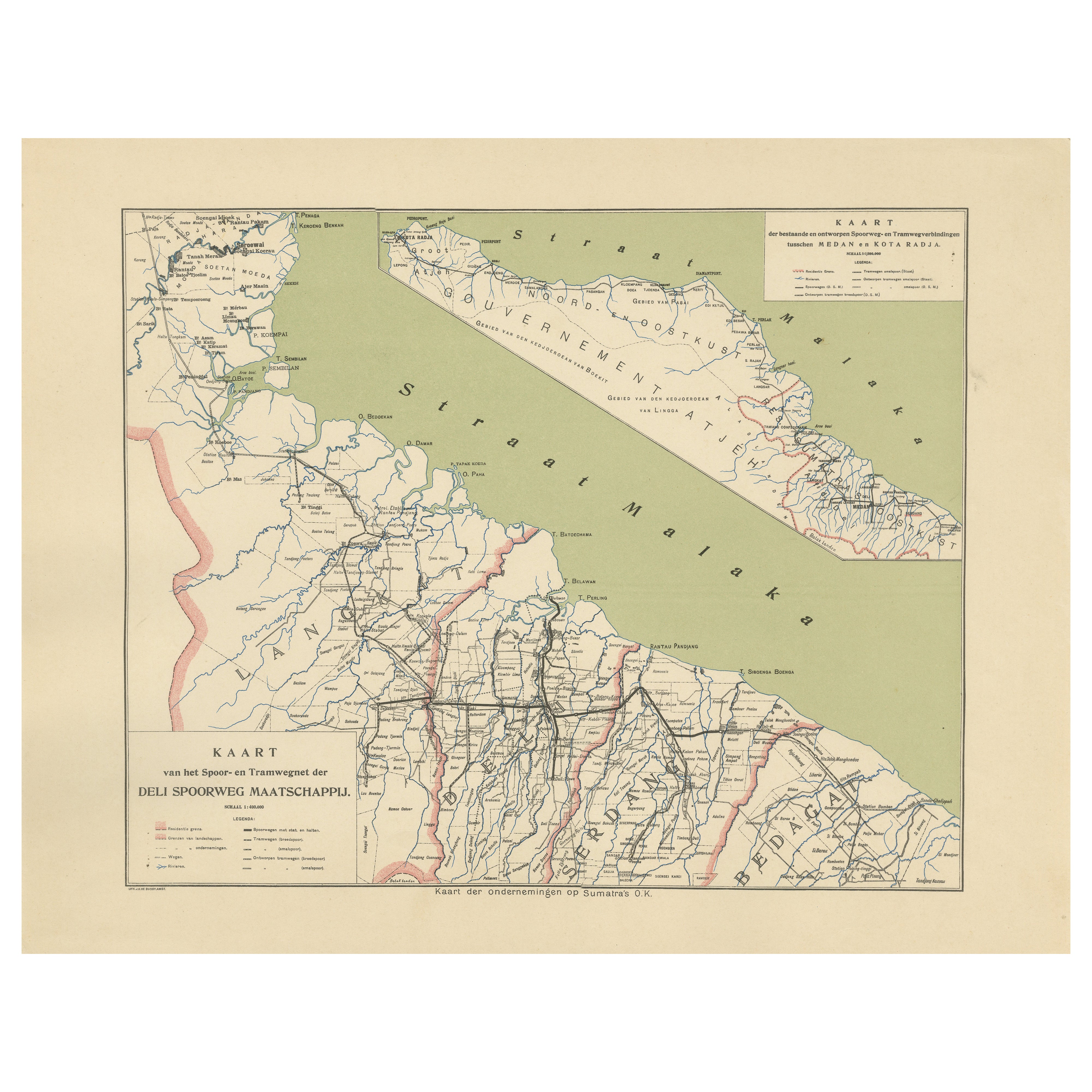 Deli Railway System Map, East Sumatra — Deli Spoorweg Maatschappij, c.1910 For Sale