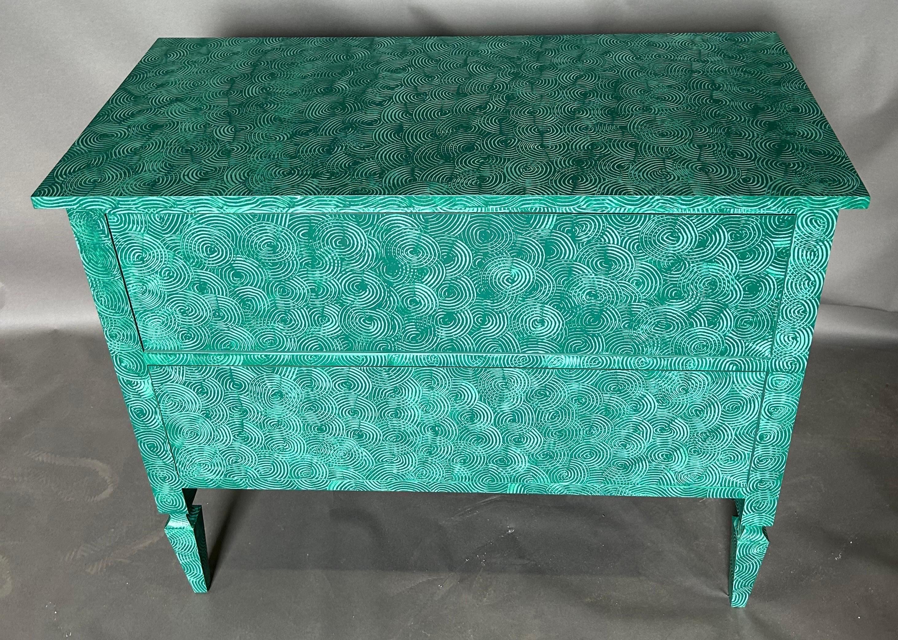The Delia chest by our sister company, “The Fabulous Things” seen in our hand painted absolute green swirl. Please see website for full list if finishes and color patterns. All items are made to order domestically. Custom dimensions and paint