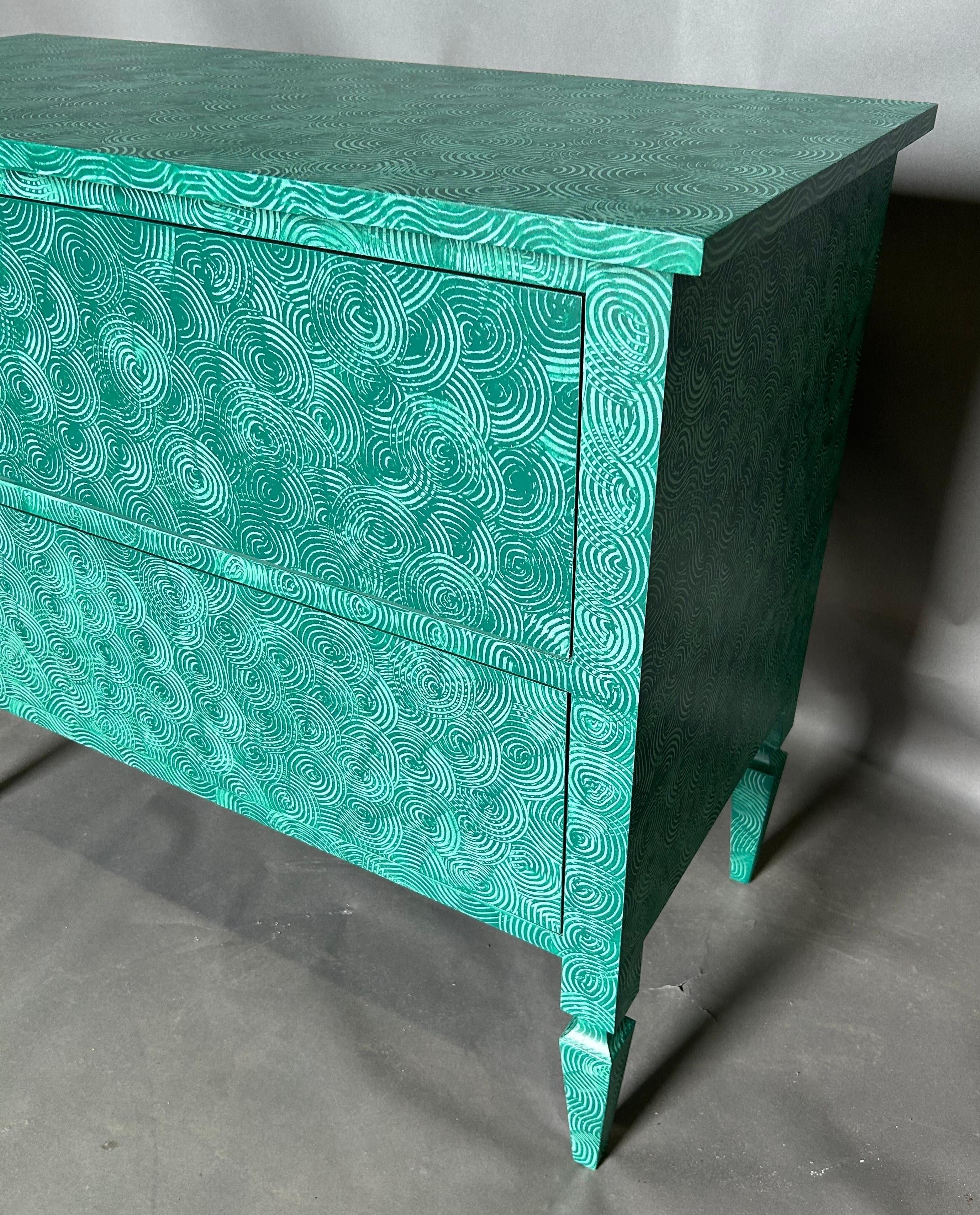 American Delia chest by the fabulous things in hand painted absolute green swirl  For Sale