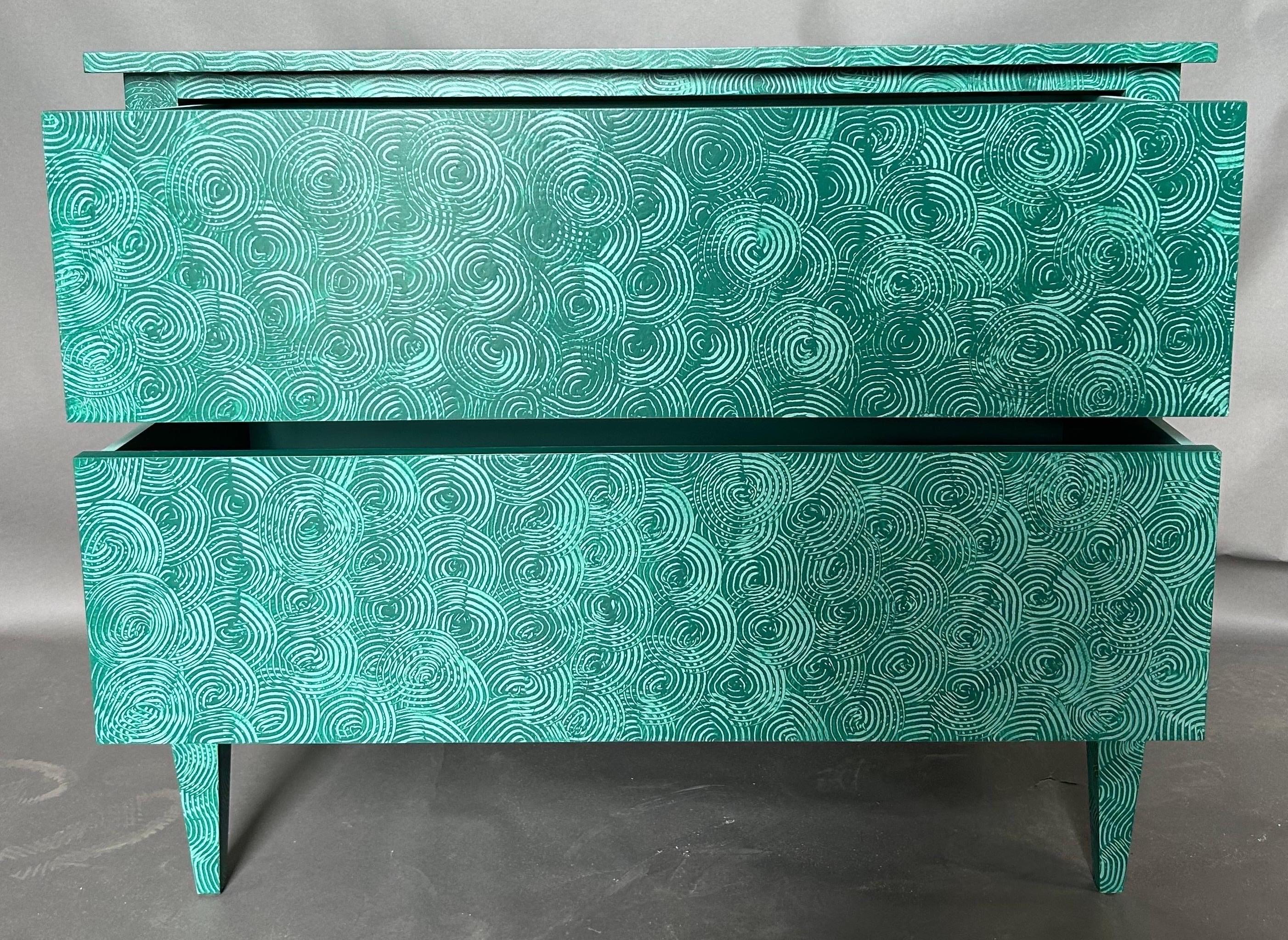 Wood Delia chest by the fabulous things in hand painted absolute green swirl  For Sale
