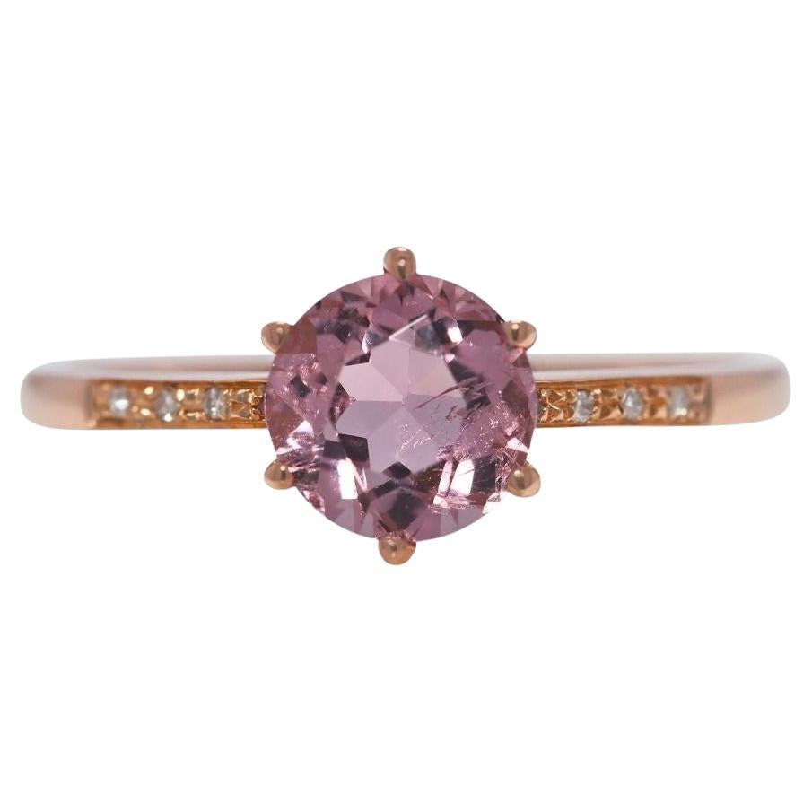 Delicate 0.74ct Pink Tourmaline and Natural Diamonds Pave Ring in 18K Yellow Gol