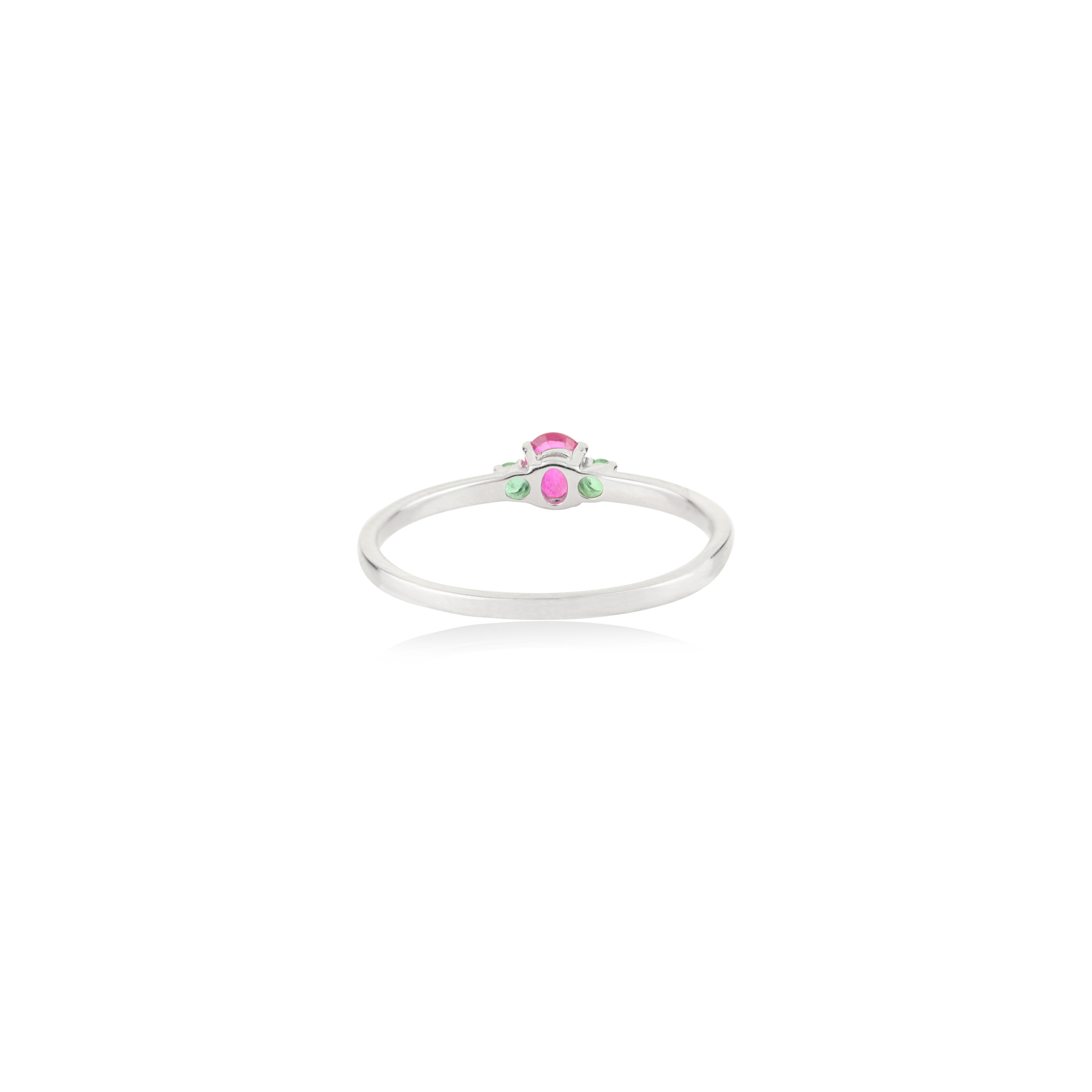 For Sale:  Delicate 14k Solid White Gold Three Stone Ring with Oval Cut Ruby and Emerald 7