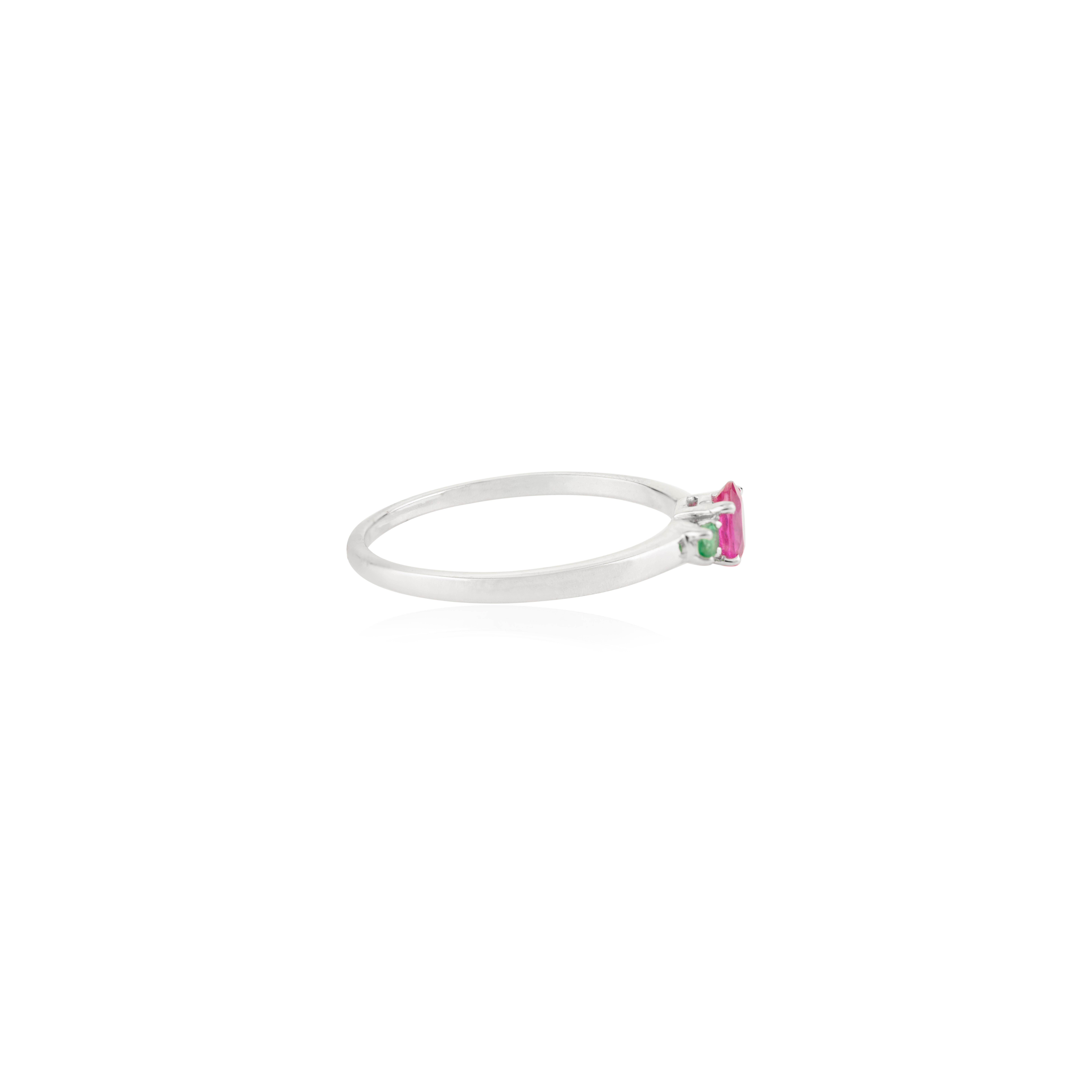 For Sale:  Delicate 14k Solid White Gold Three Stone Ring with Oval Cut Ruby and Emerald 9