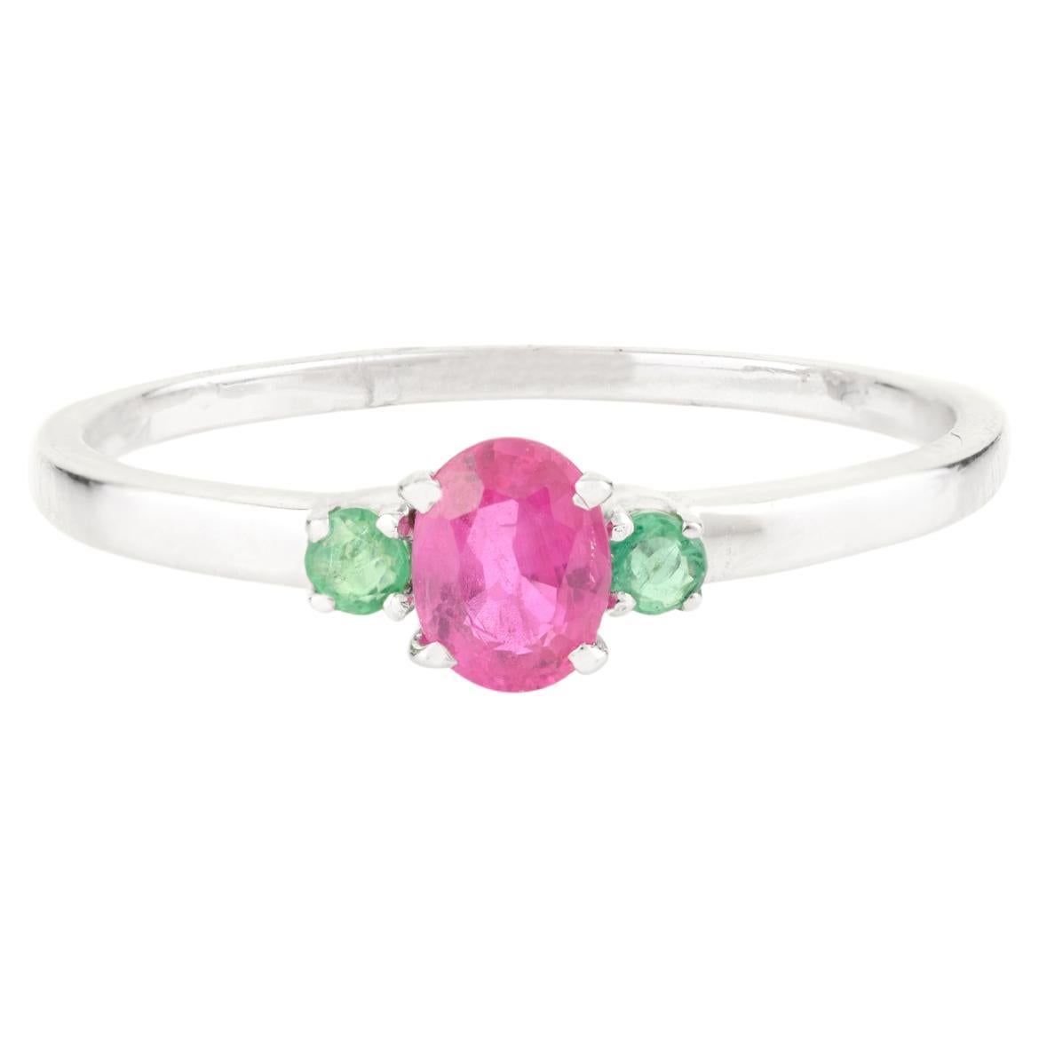 Delicate 14k Solid White Gold Three Stone Ring with Oval Cut Ruby and Emerald