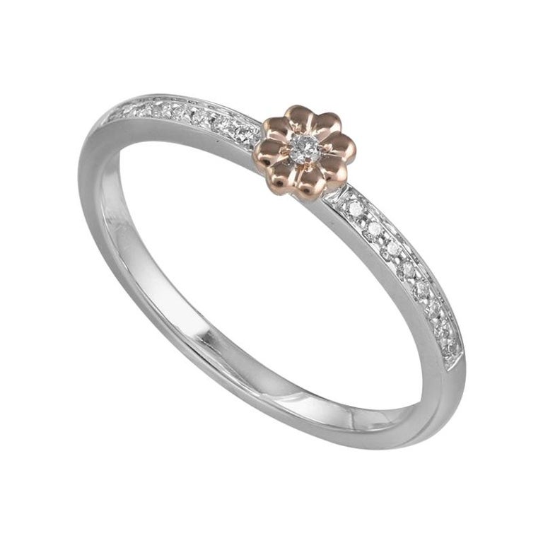 Delicate 18 Karat White Gold Diamond Flower Stacking Ring For Sale at ...