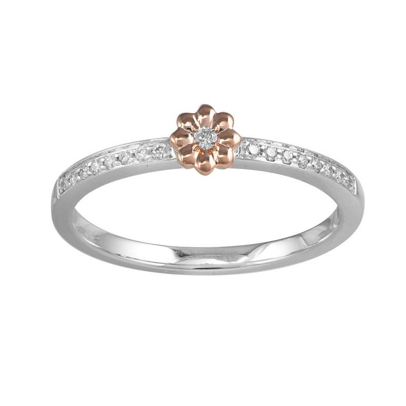 18k white gold diamond set stacking ring with a dainty rose gold flower in the centre. 
Total diamond weight 0.09cts.
Diamonds are 100% natural earth mined and are G colour Si clarity.
Finger size UK M but can be adjusted.

Gemsake is a diamond