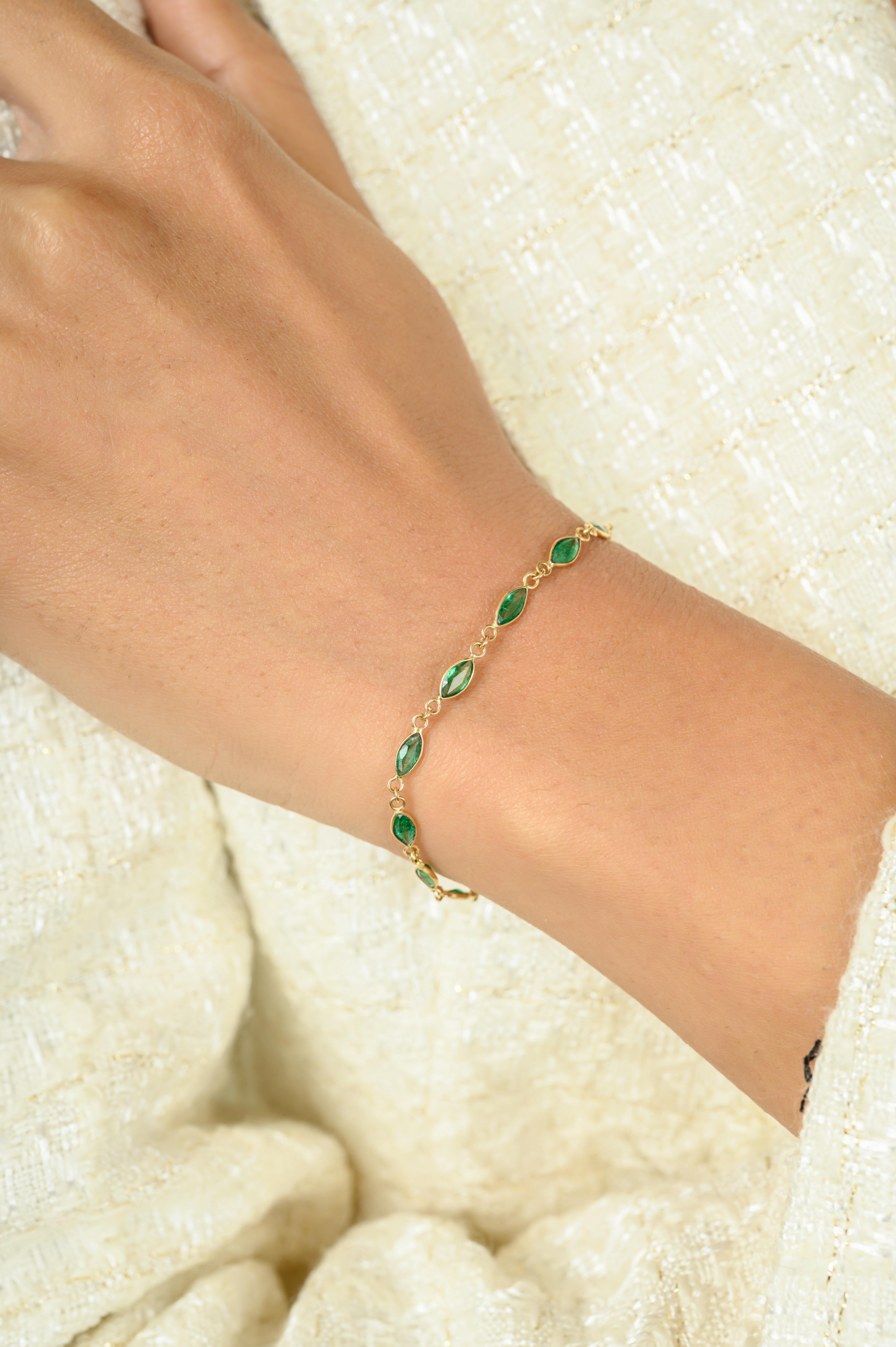 Exquisite 2.63CTW Marquise Cut Emerald Chain Bracelet Inlaid in 14K Yellow Gold showcases endlessly sparkling natural emerald, weighing 2.63 carats. It measures 8 inches long in length. 
Emerald enhances intellectual capacity of the person.
Designed