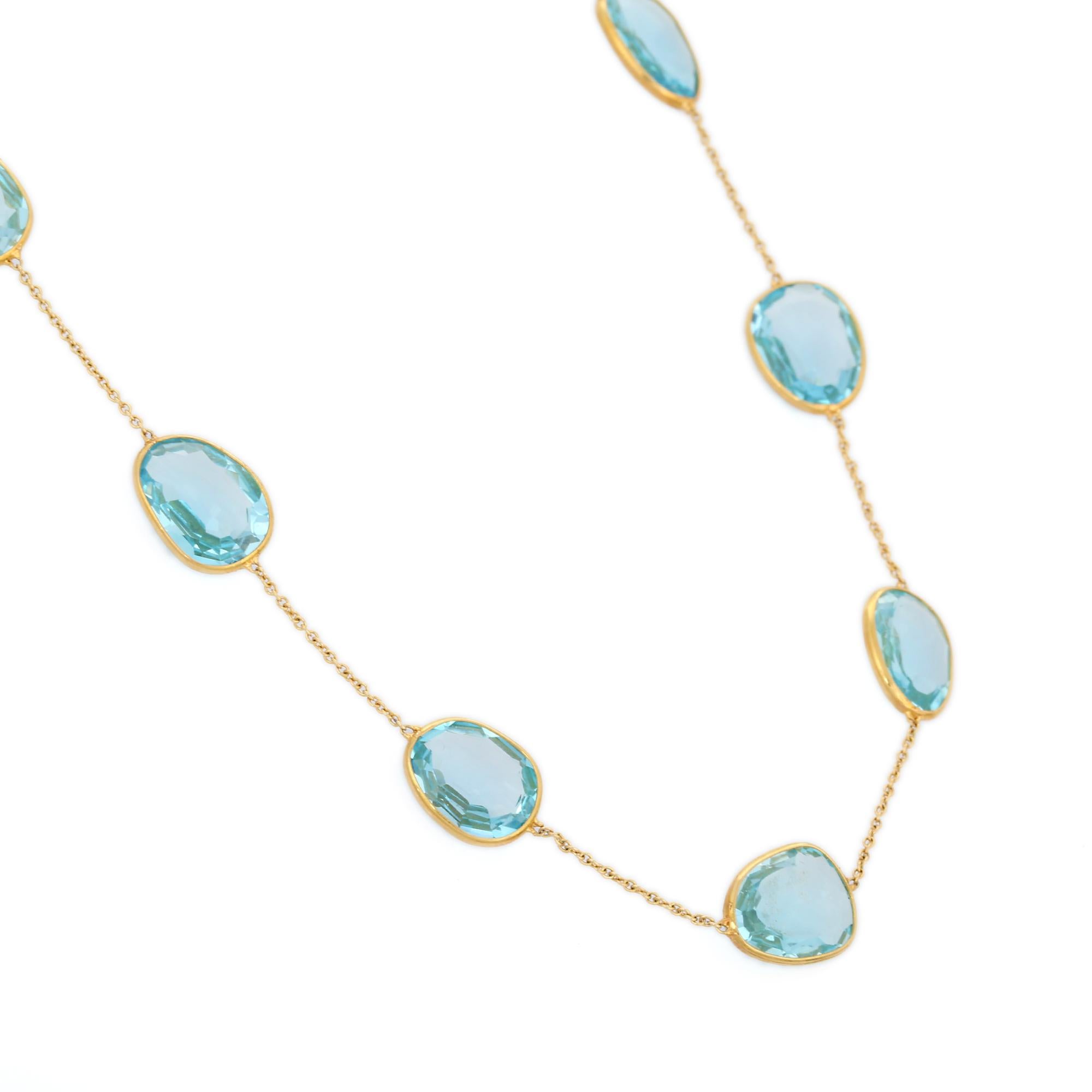 Blaue Topas-Halskette aus 18 Karat Gold, besetzt mit Topas-Edelsteinen im Ovalschliff.
Ergänzen Sie Ihren Look mit dieser eleganten Blautopas-Kette. Dieses atemberaubende Schmuckstück wertet einen Freizeitlook oder ein elegantes Outfit sofort auf.