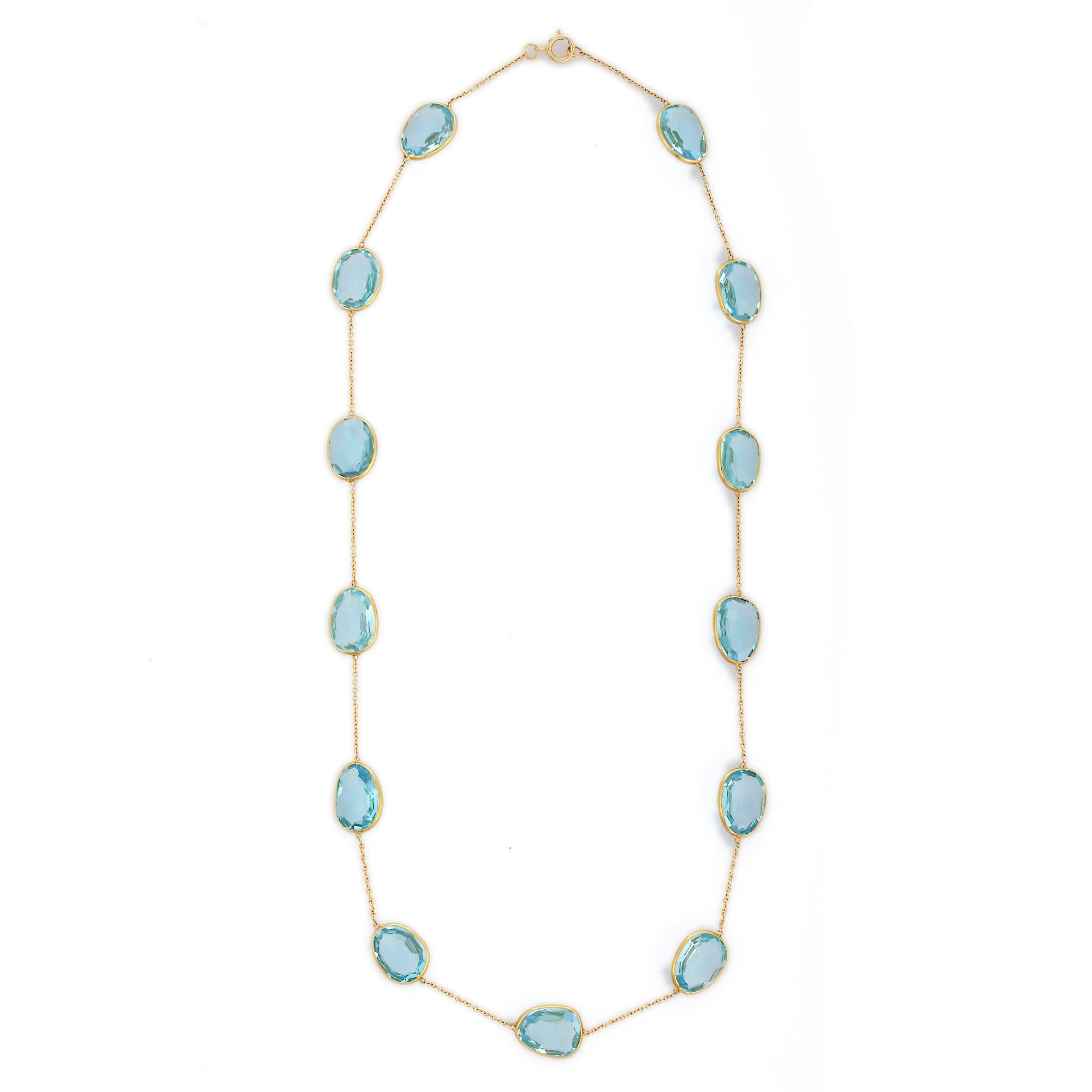 Oval Cut Delicate 47.55 Ct Blue Topaz Chain Necklace, 18K Yellow Gold Necklace For Sale