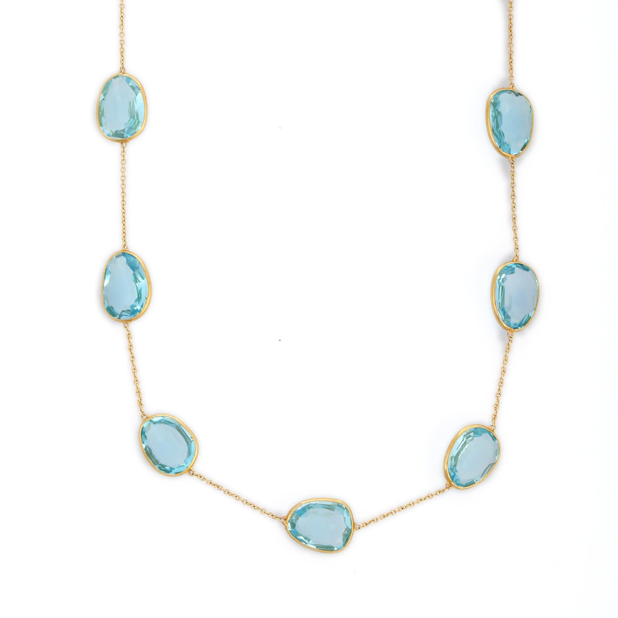 Delicate 47.55 Ct Blue Topaz Chain Necklace, 18K Yellow Gold Necklace In New Condition For Sale In Houston, TX