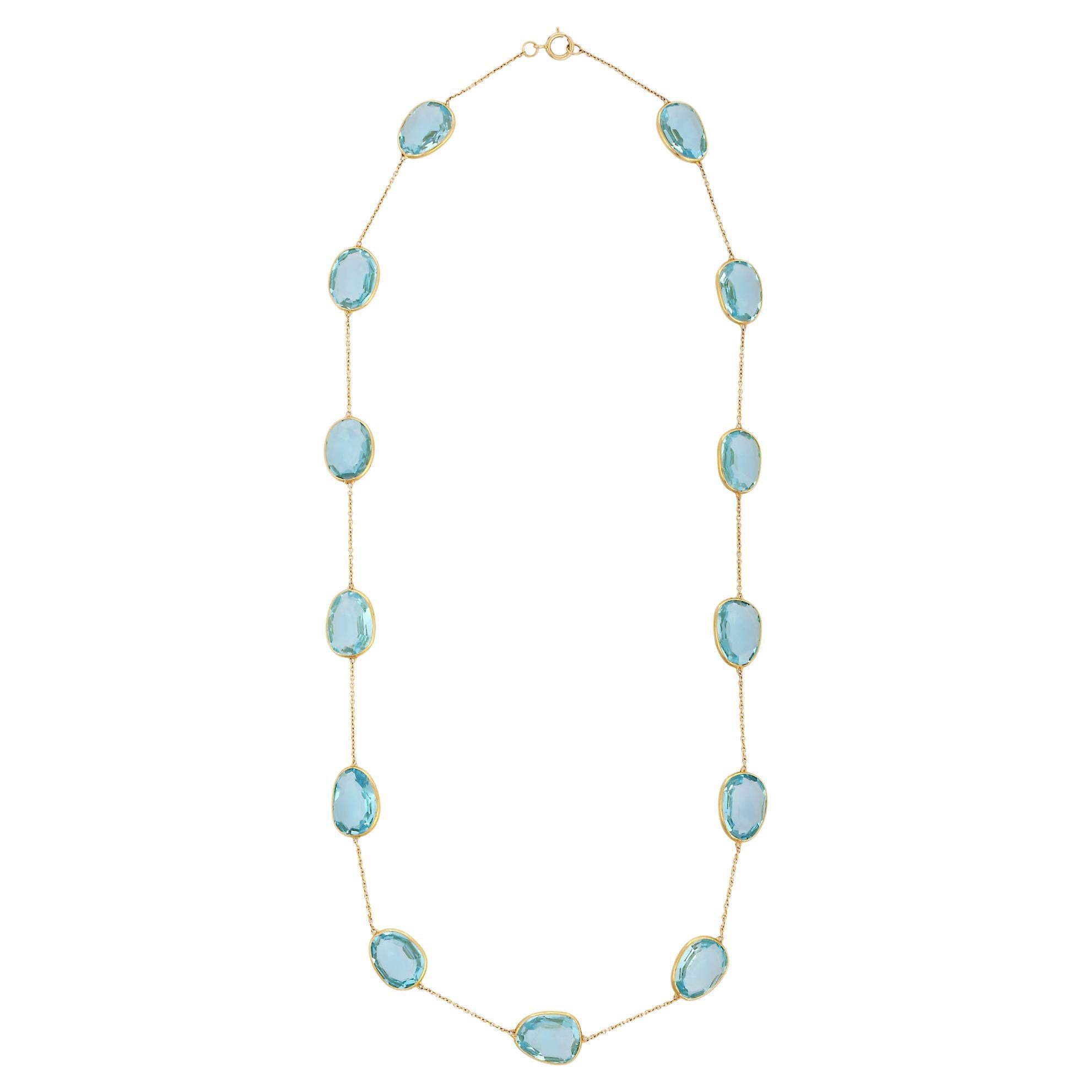 Delicate 47.55 Ct Blue Topaz Chain Necklace, 18K Yellow Gold Necklace For Sale