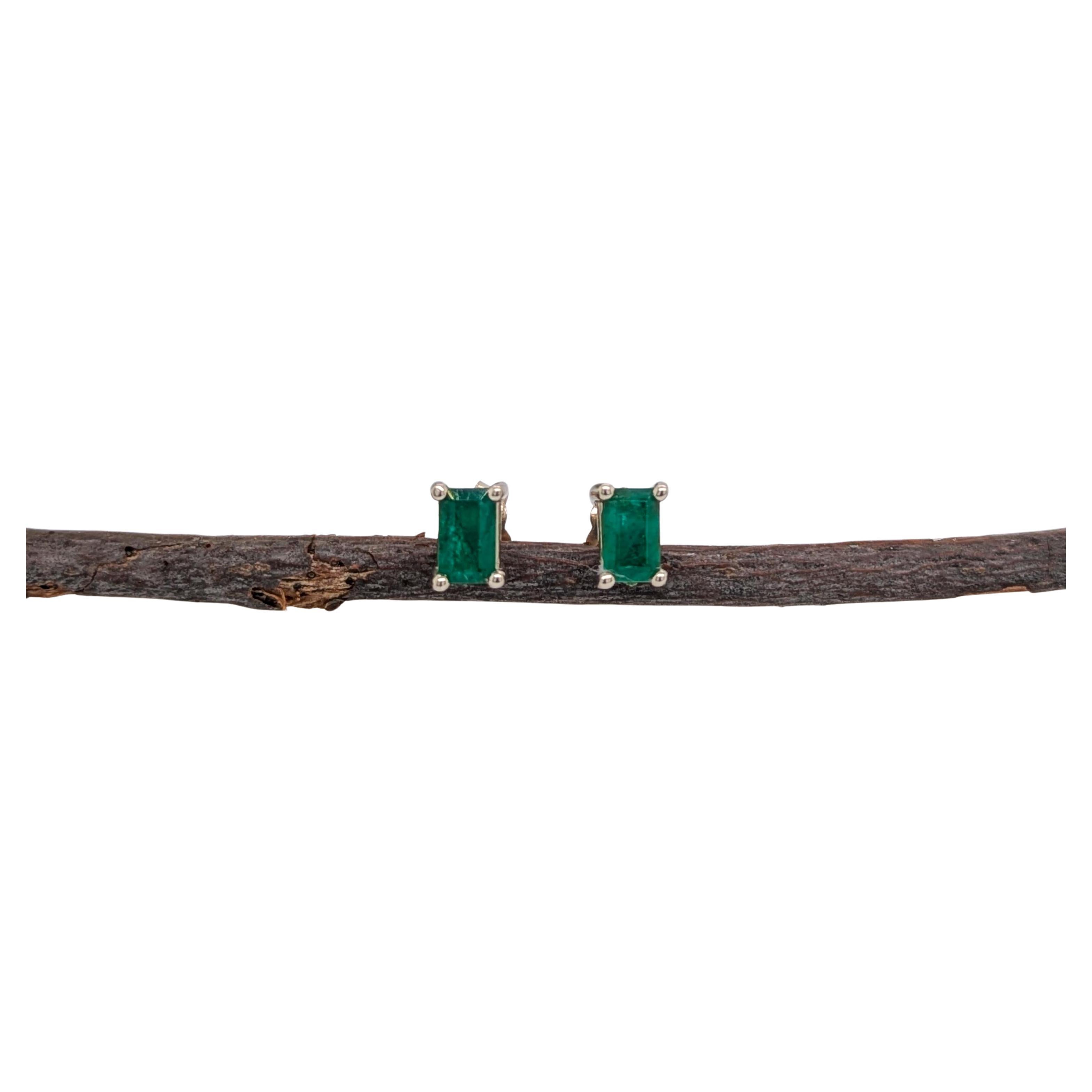 Delicate 5x3mm Zambian Emerald Solitaire Studs in 14K Solid Gold - Emerald Cut