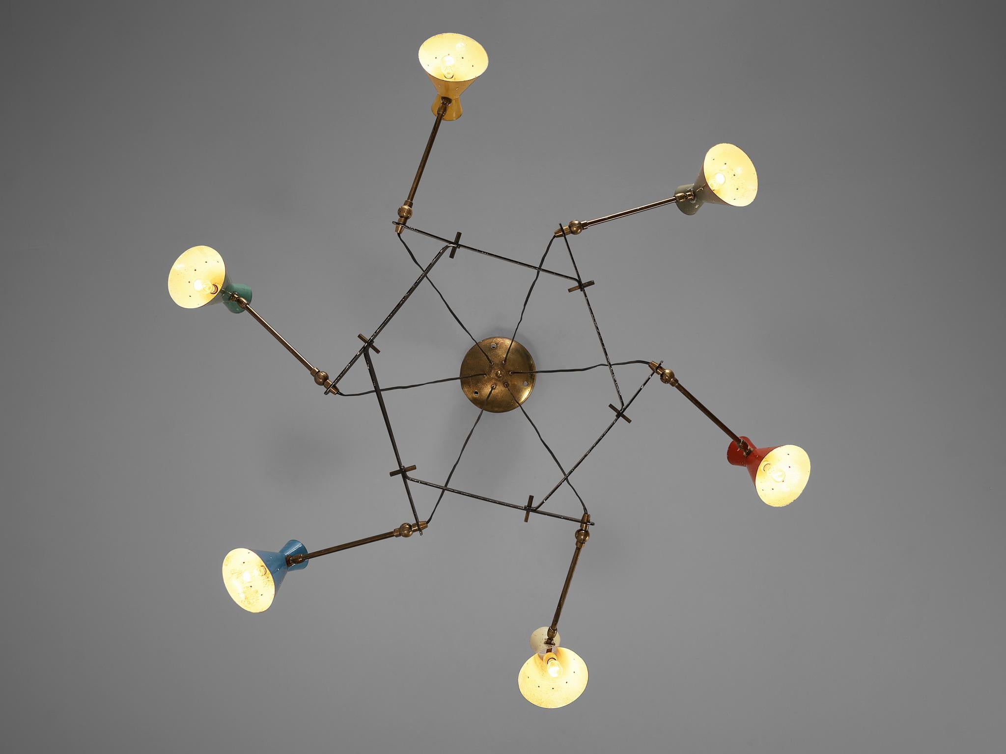 Mid-Century Modern Delicate Adjustable Chandelier with Six Colorful Patinated Shades