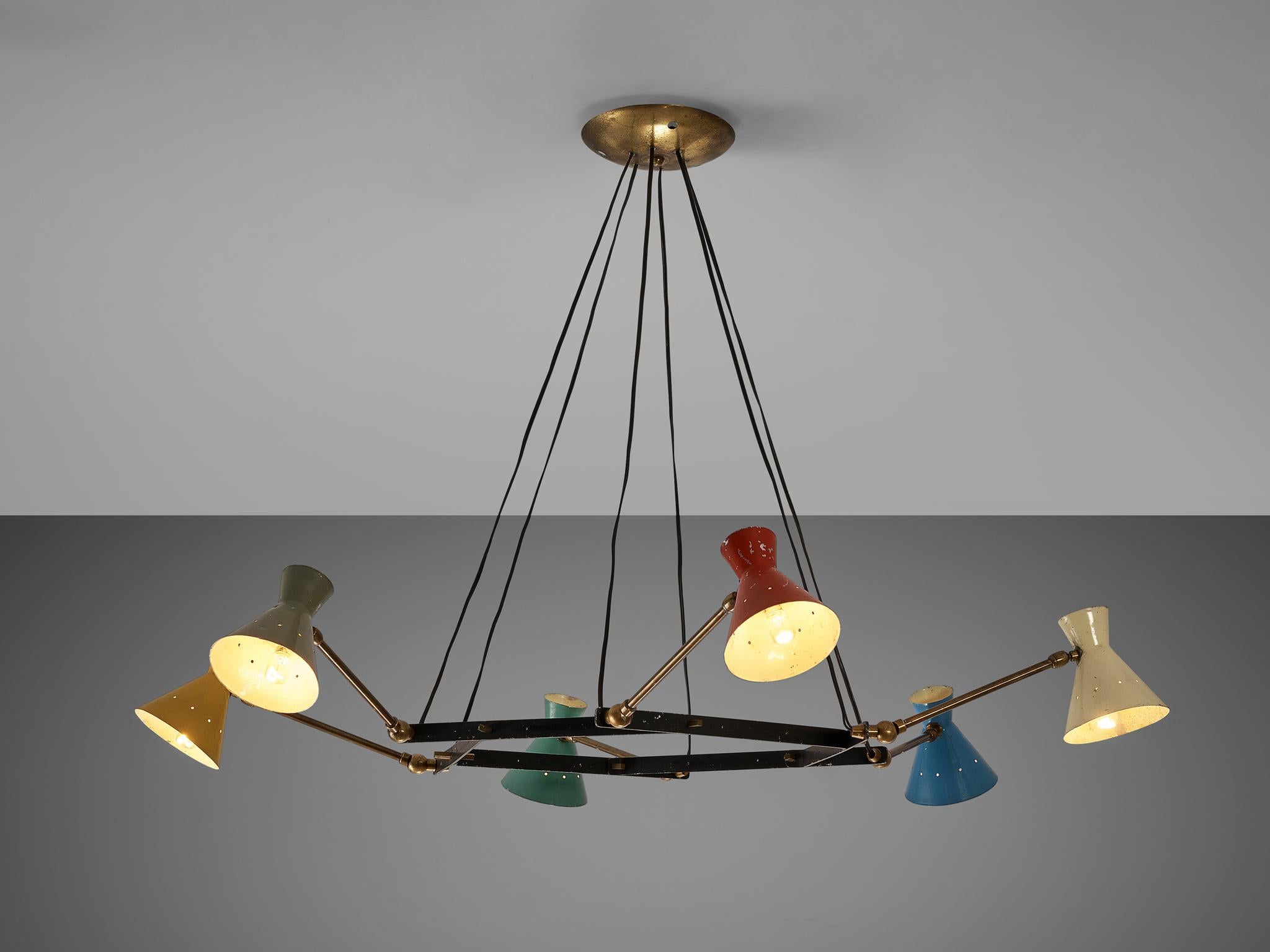 Delicate Adjustable Chandelier with Six Colorful Patinated Shades In Good Condition In Waalwijk, NL